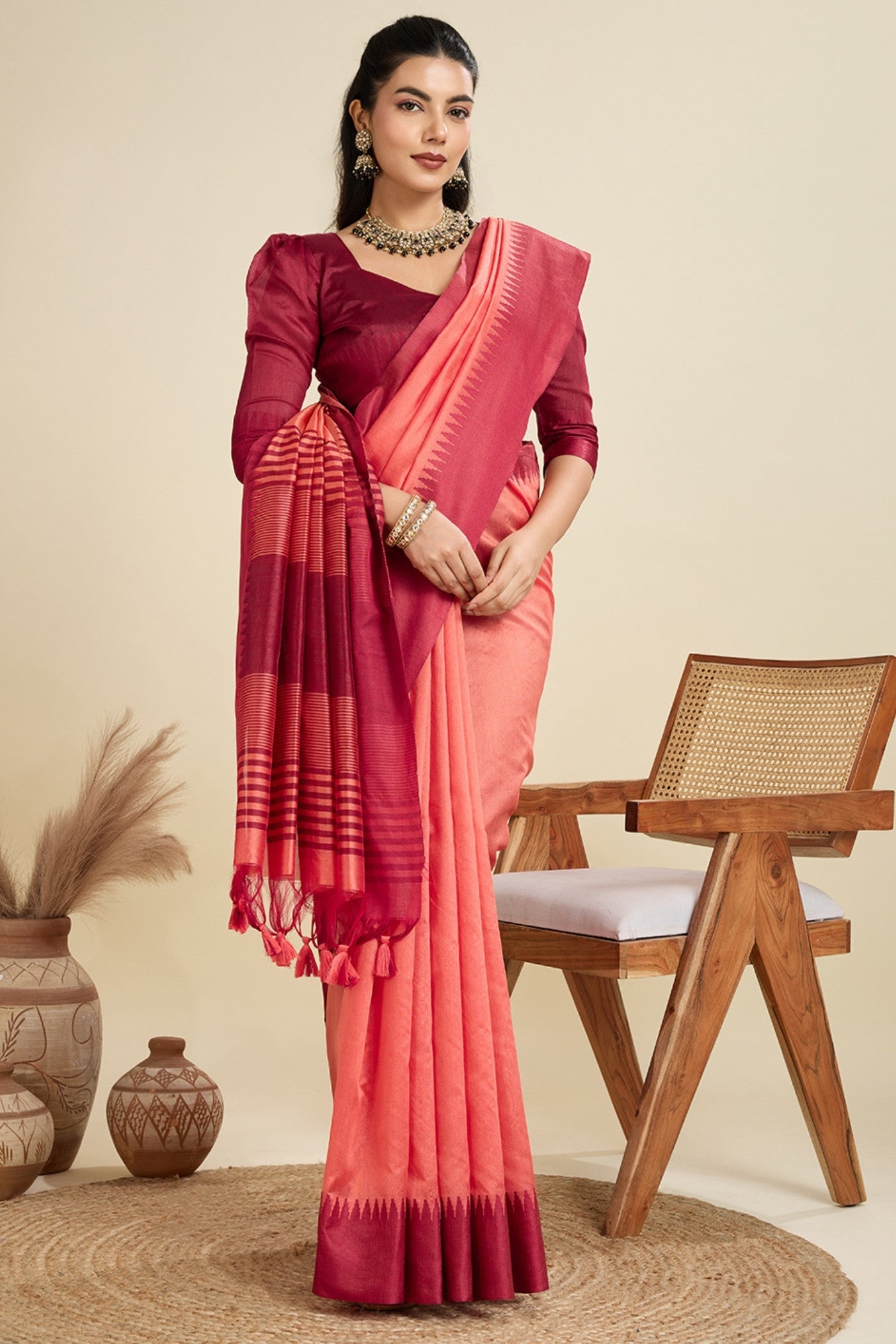 Buy MySilkLove Candy Peach Woven Raw Silk Saree Online