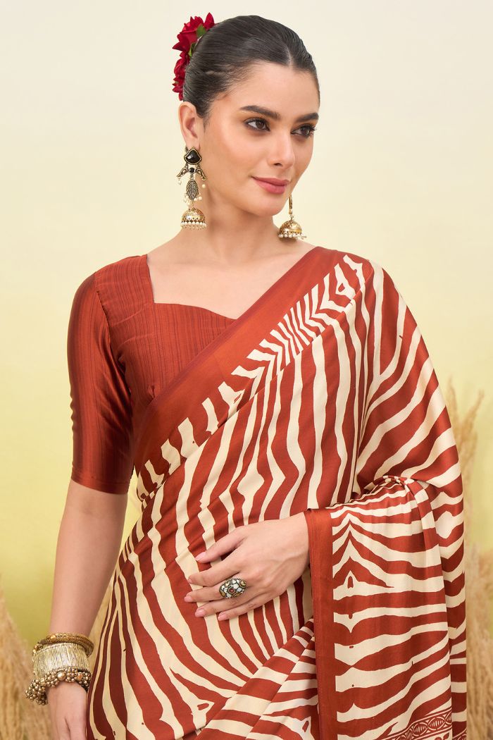 Buy MySilkLove Mocha Brown Modal Ajrakh Satin Printed Silk Saree Online