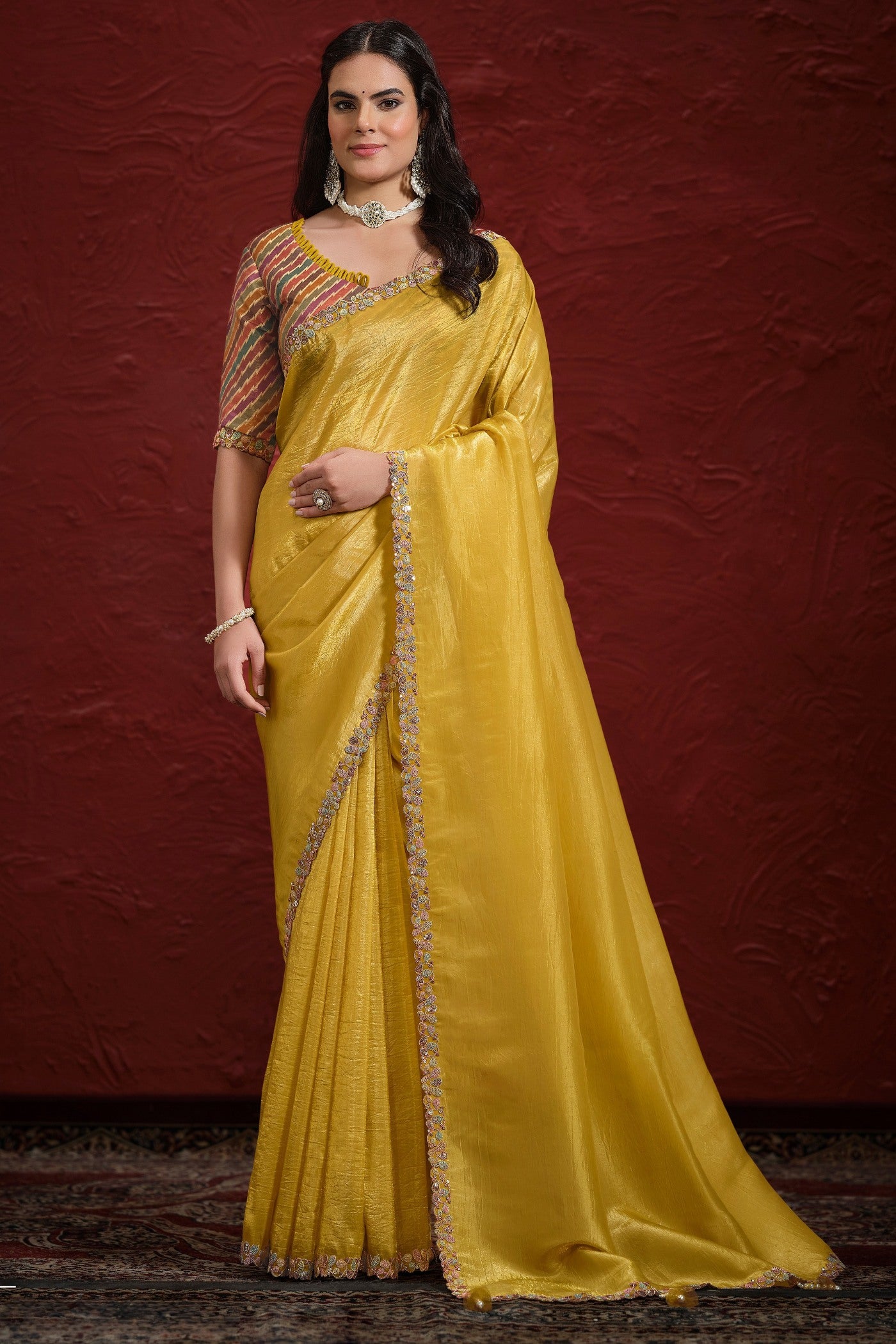 Buy MySilkLove Aureolin Yellow Paper Silk Saree with Stitched Blouse Online