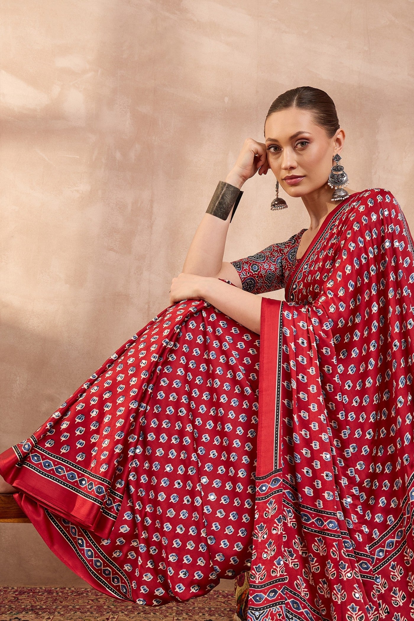 Buy MySilkLove Rosewood Red Modal Ajrakh Satin Printed Silk Saree Online