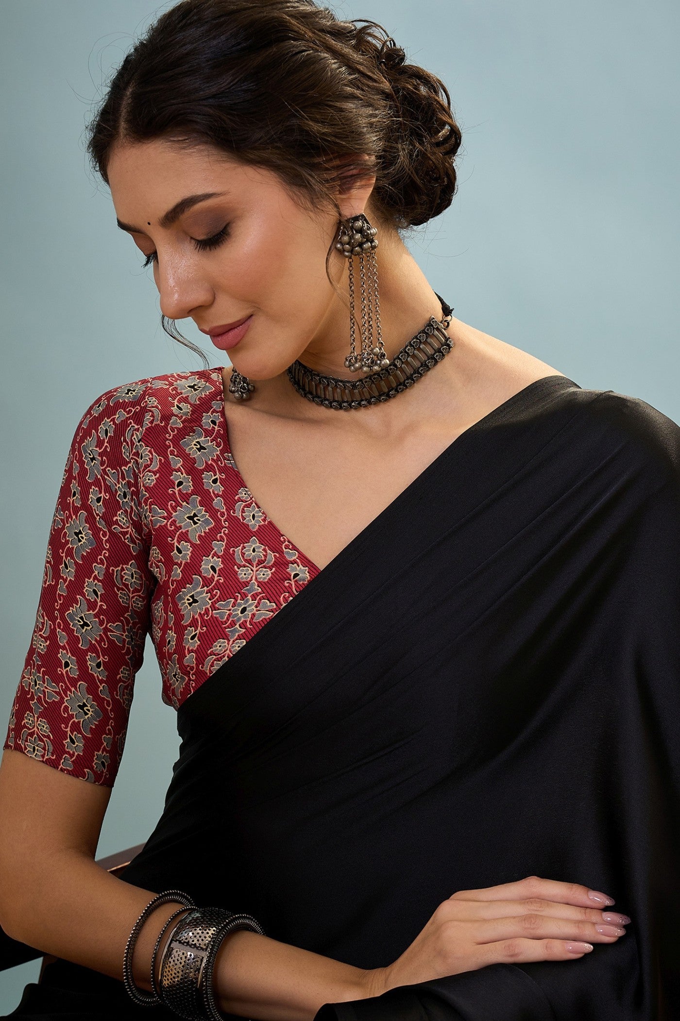Buy MySilkLove Starfall Black Ajrakh Printed Satin Crepe Silk Saree Online