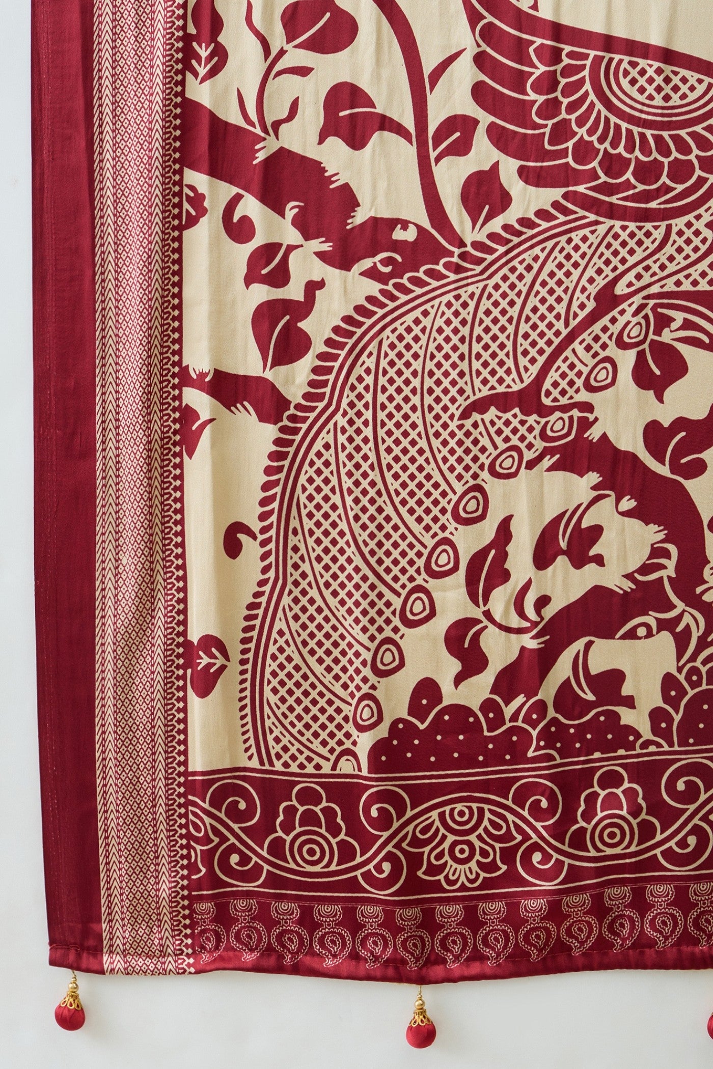 Buy MySilkLove Nacreous Cream and Red Ajrakh Printed Satin Crepe Silk Saree Online