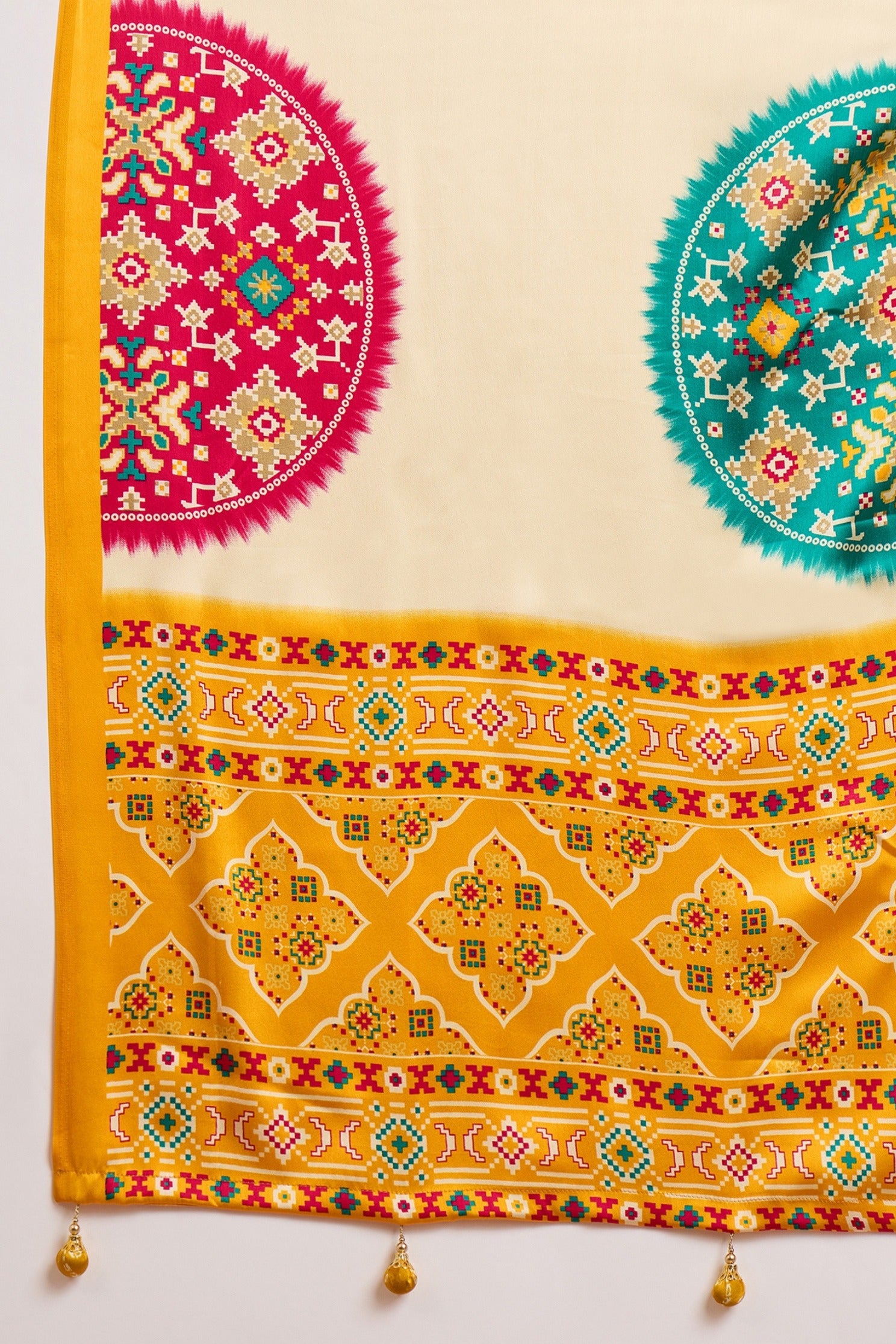 Buy MySilkLove Seashell Cream and Yellow Modal Ajrakh Printed Silk Saree Online