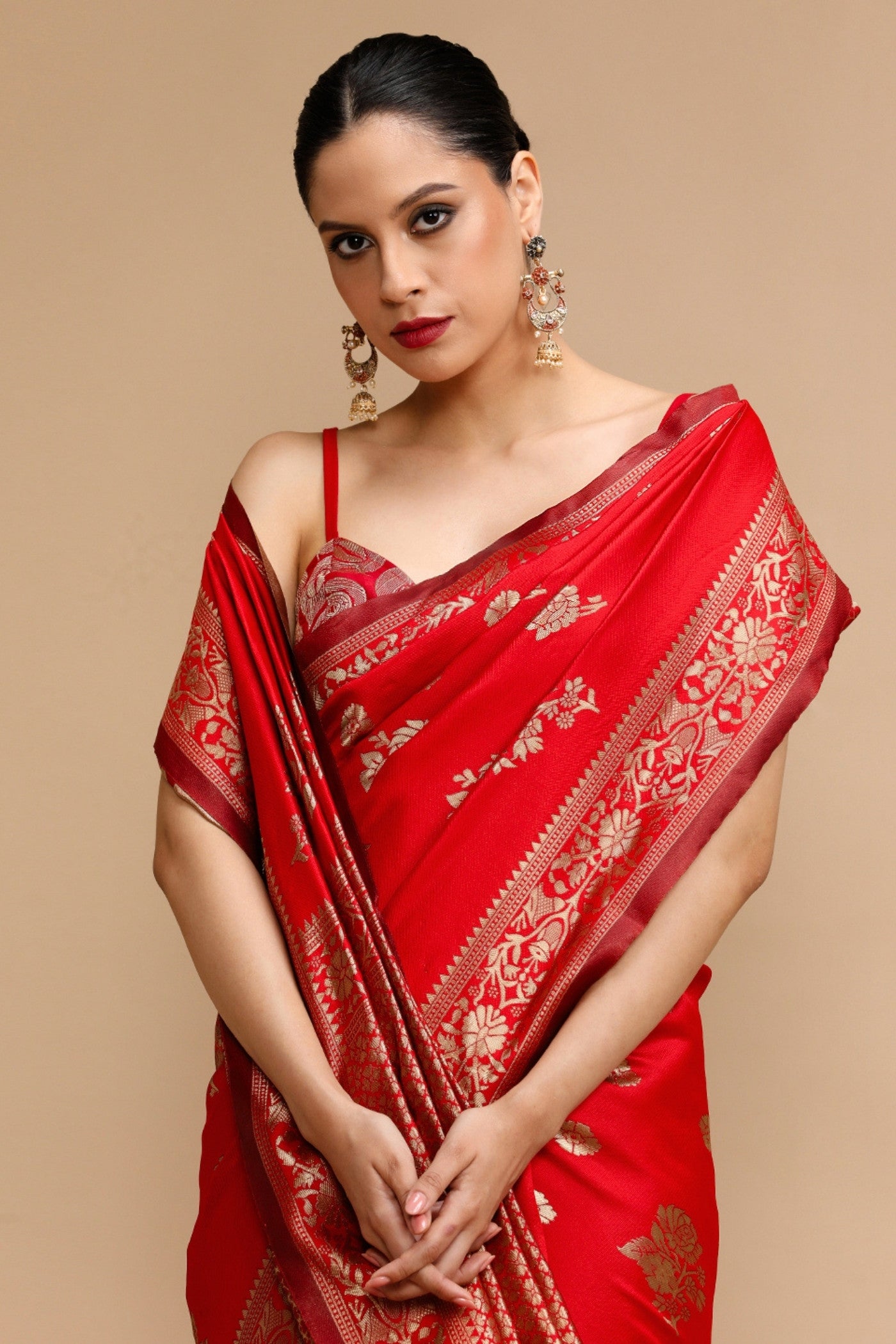 Buy MySilkLove Vermilion Red Woven Jacquard Lichi Silk Saree Online