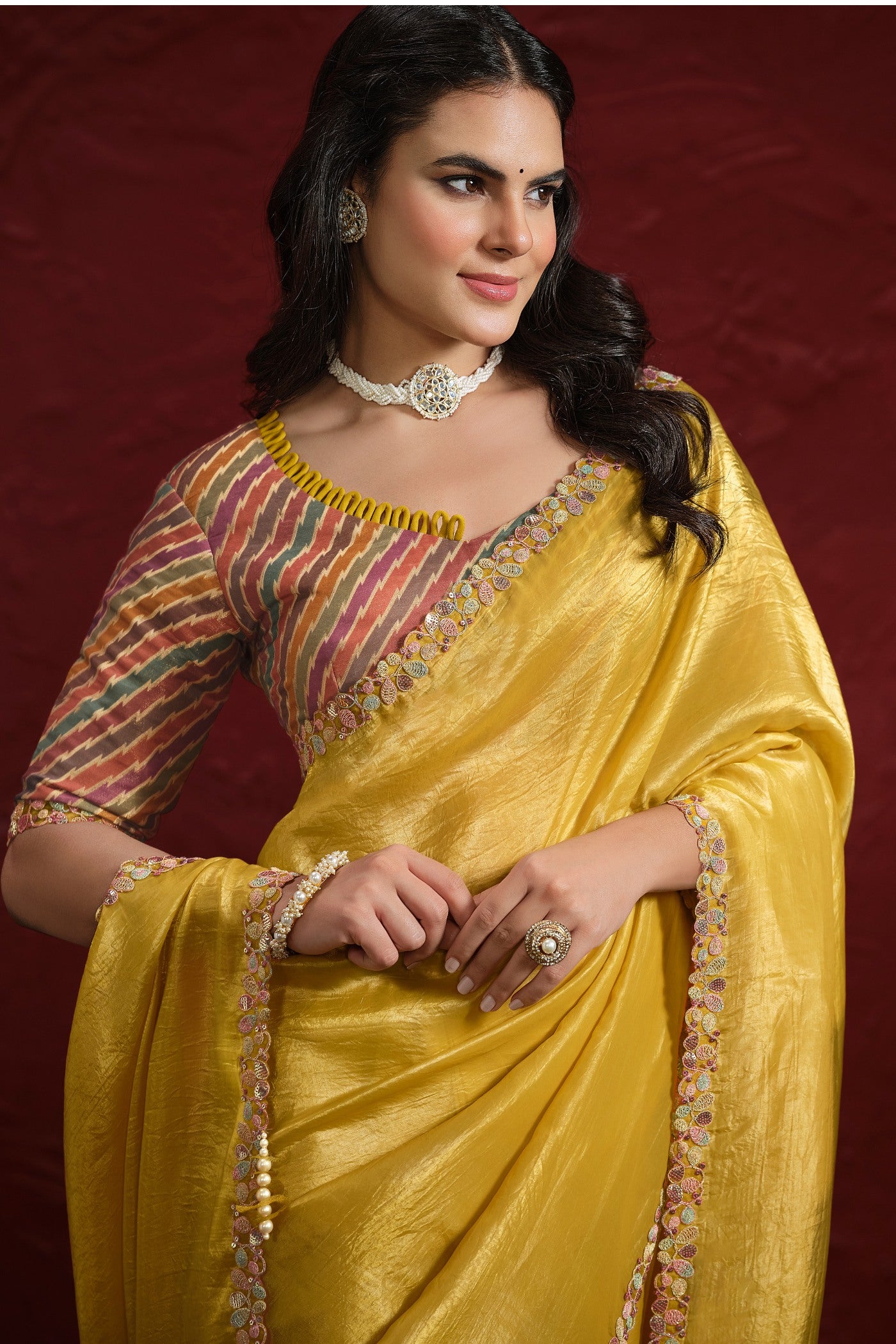 Buy MySilkLove Aureolin Yellow Paper Silk Saree with Stitched Blouse Online
