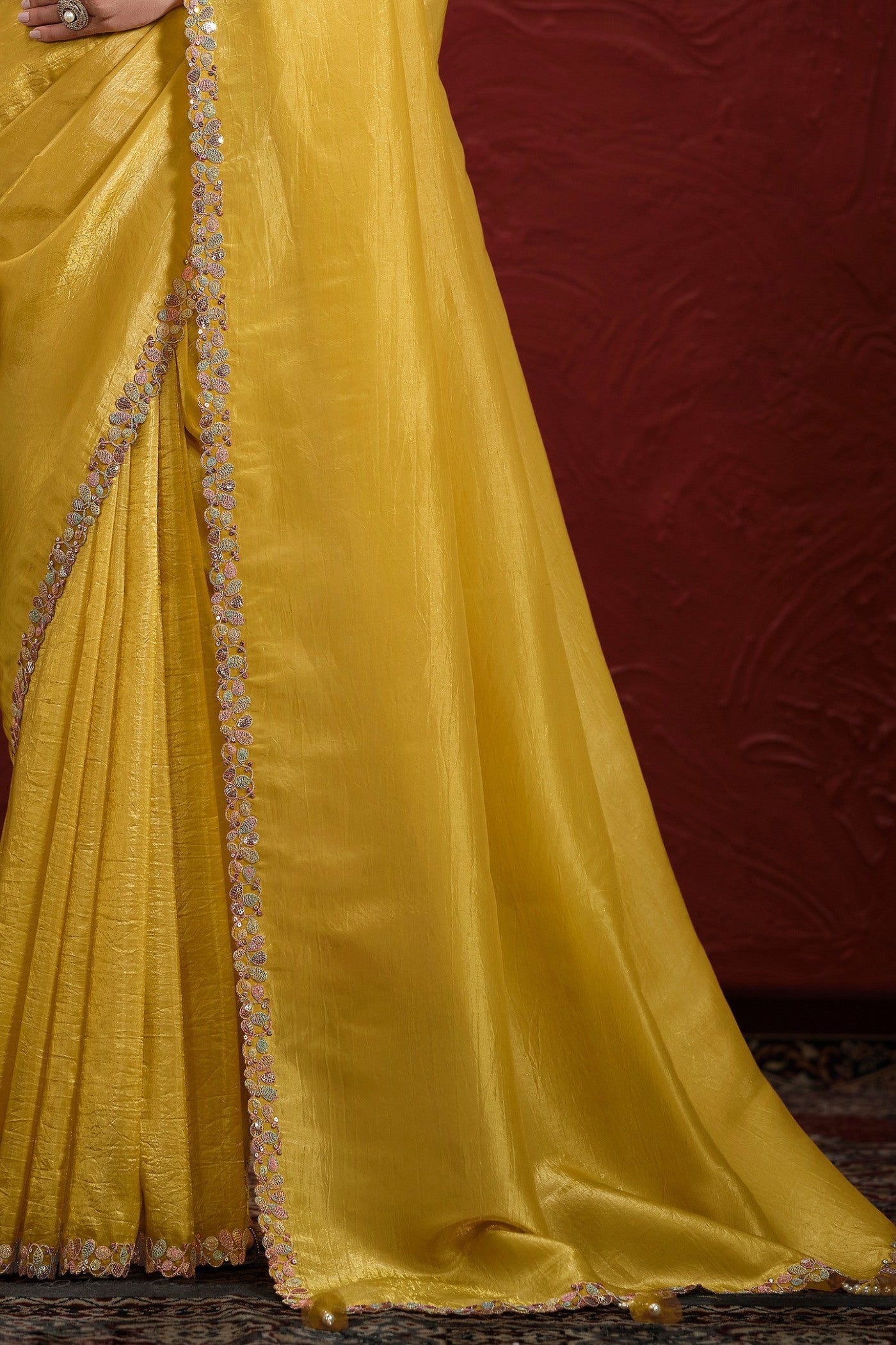 Buy MySilkLove Aureolin Yellow Paper Silk Saree with Stitched Blouse Online