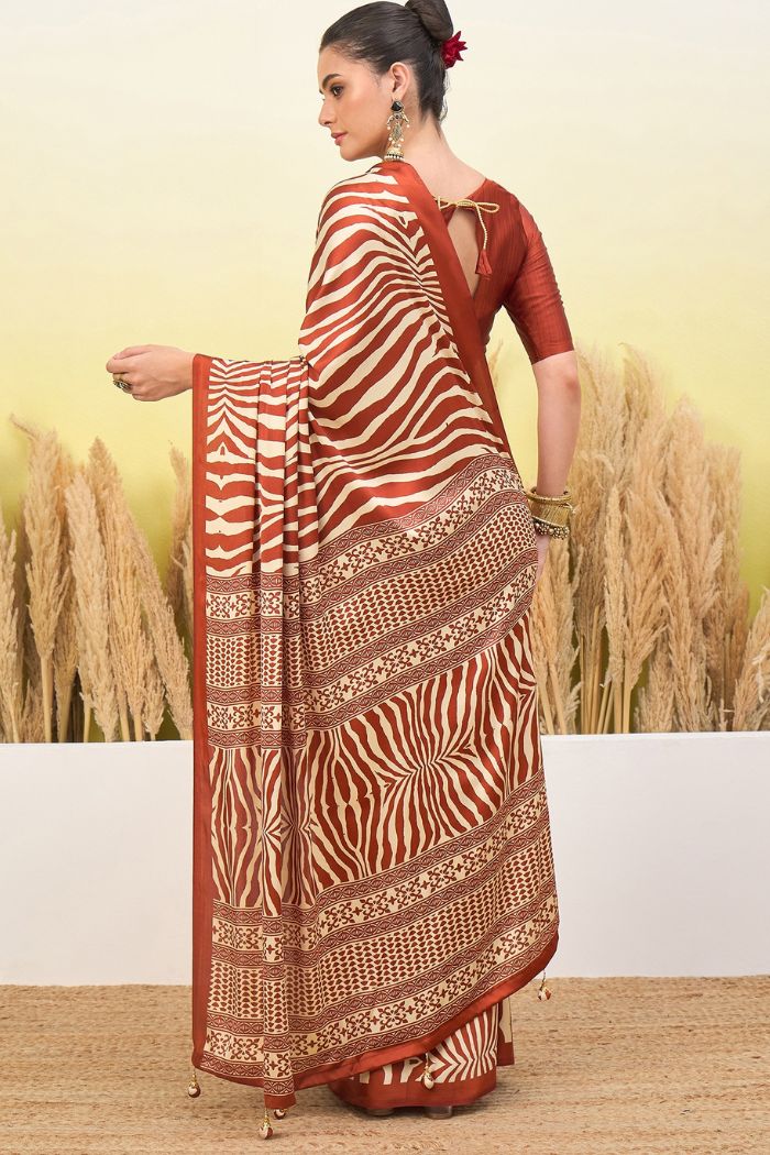 Buy MySilkLove Mocha Brown Modal Ajrakh Satin Printed Silk Saree Online
