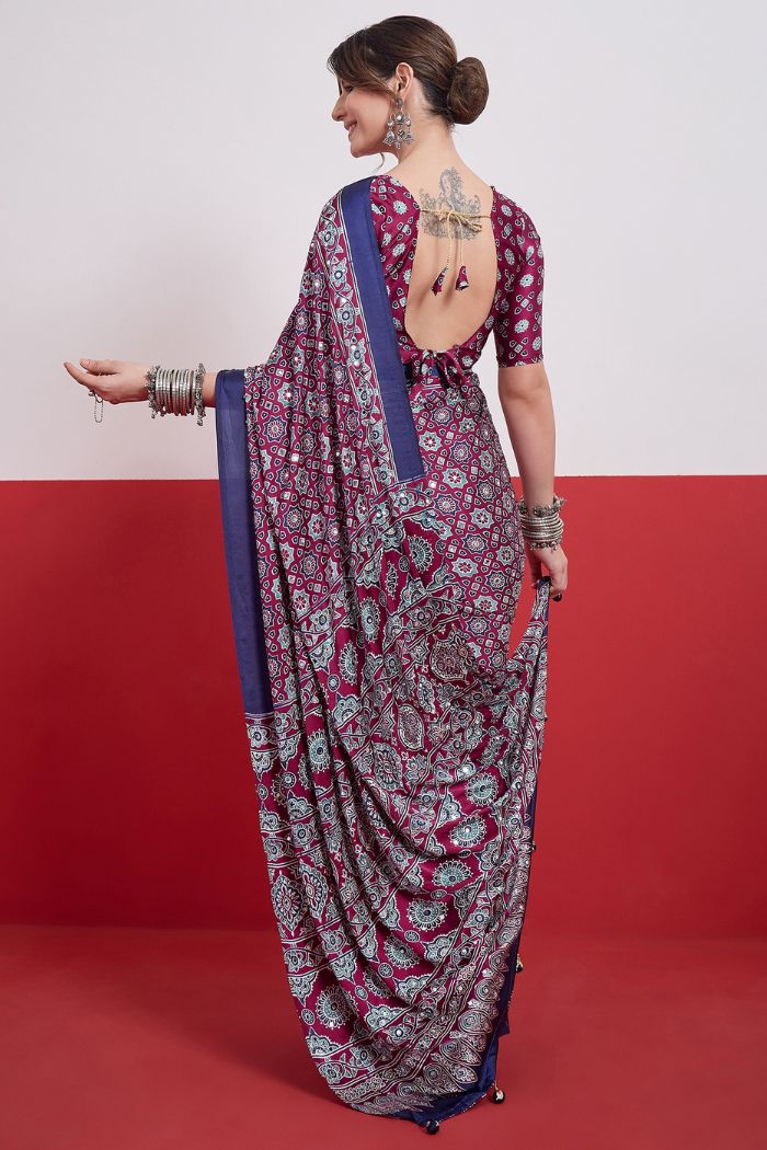 Buy MySilkLove Coral Purple Modal Ajrakh Satin Printed Mirror Work Saree Online