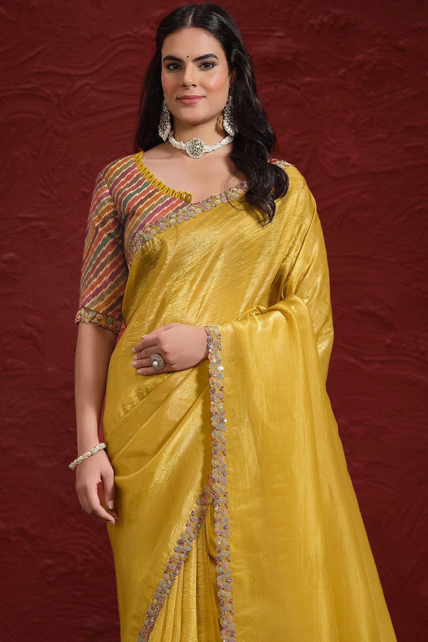 Buy MySilkLove Aureolin Yellow Paper Silk Saree with Stitched Blouse Online