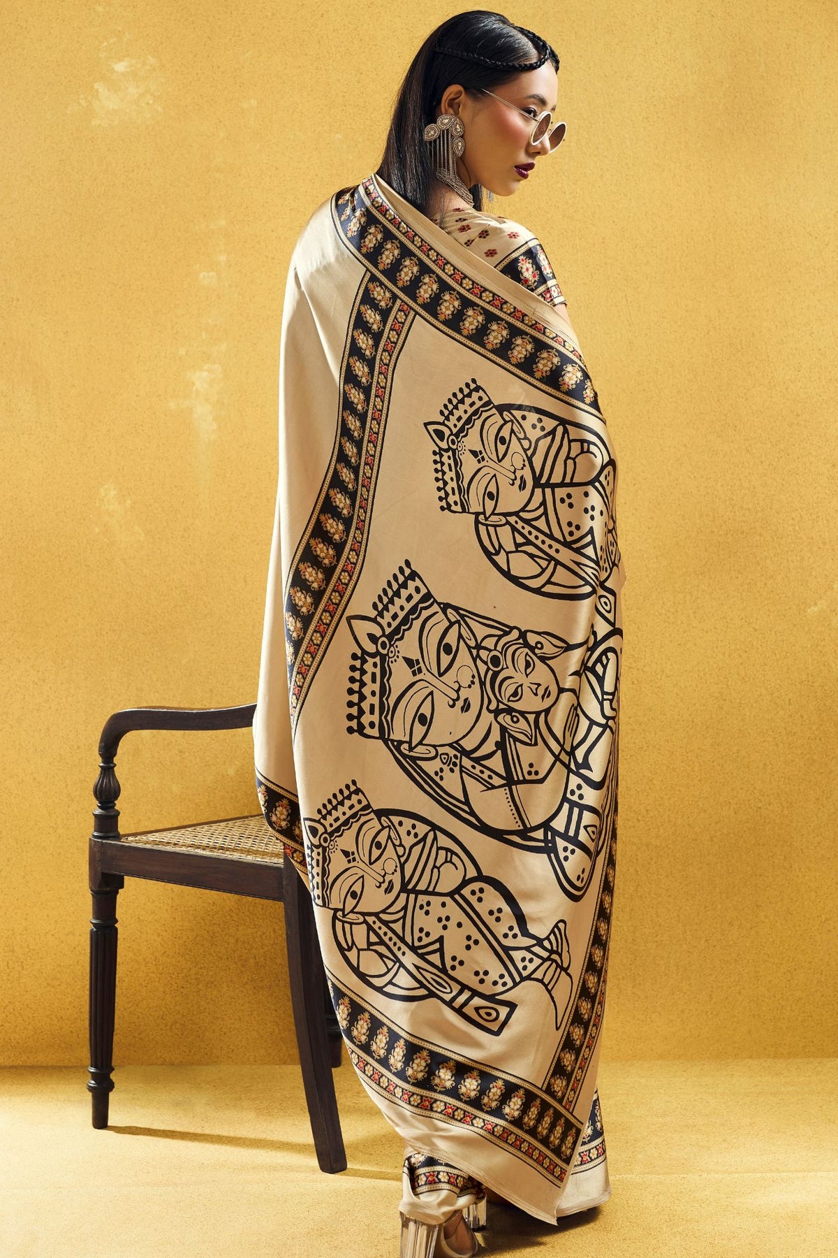 Buy MySilkLove Champagne Cream Modal Ajrakh Satin Printed Silk Saree Online