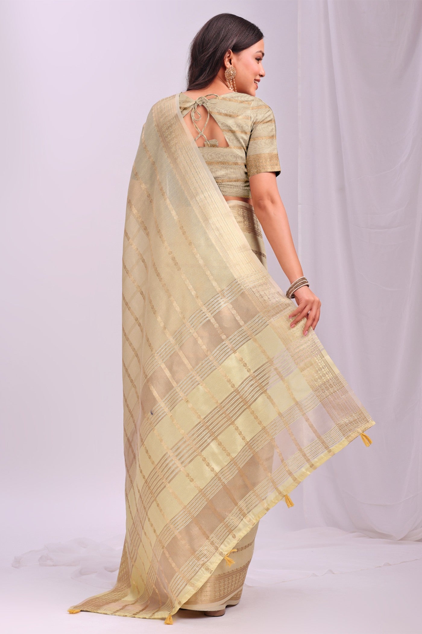 Buy MySilkLove Coco Cream Woven Organza Saree Online