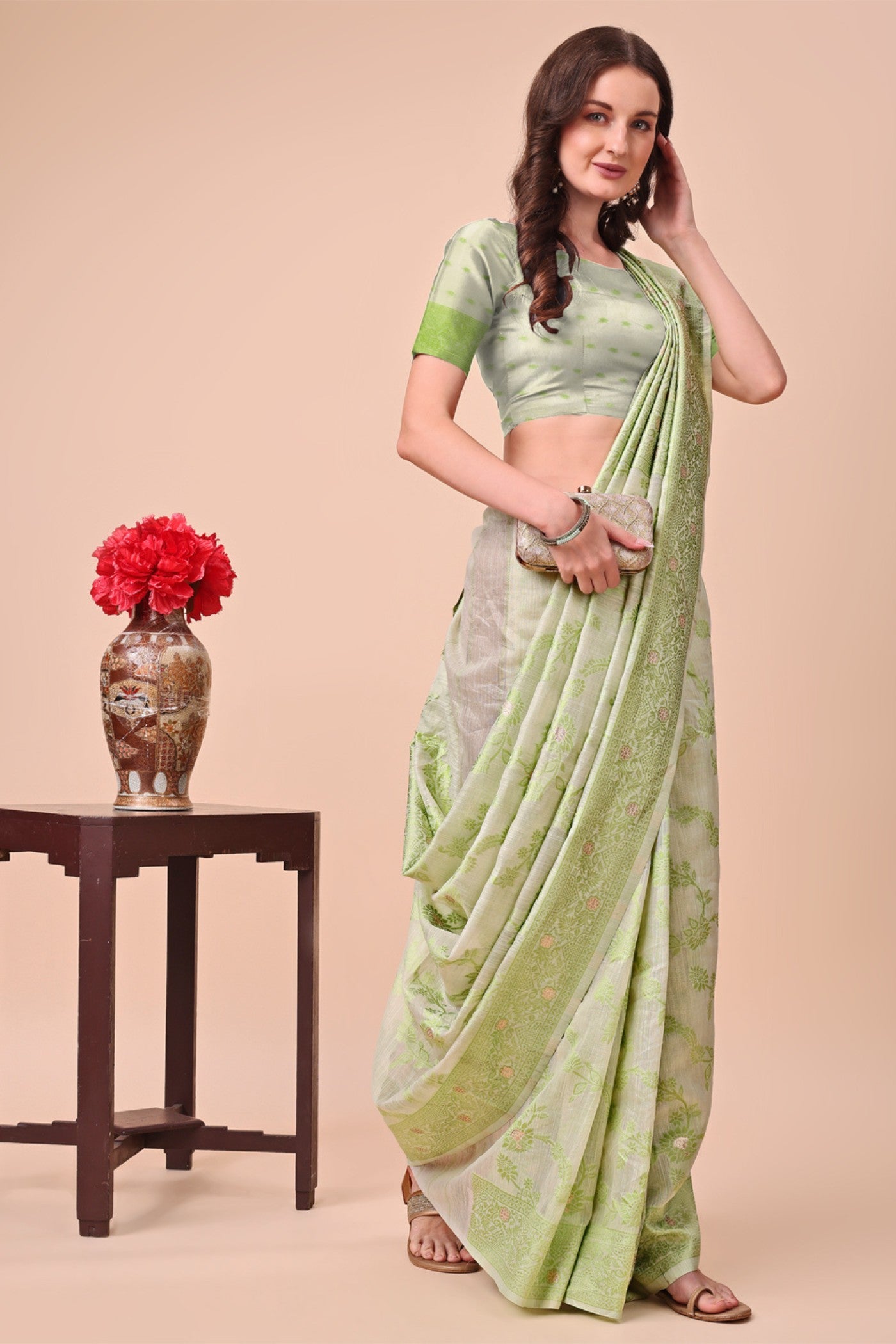 Buy MySilkLove Pista Green Woven Cotton Saree Online