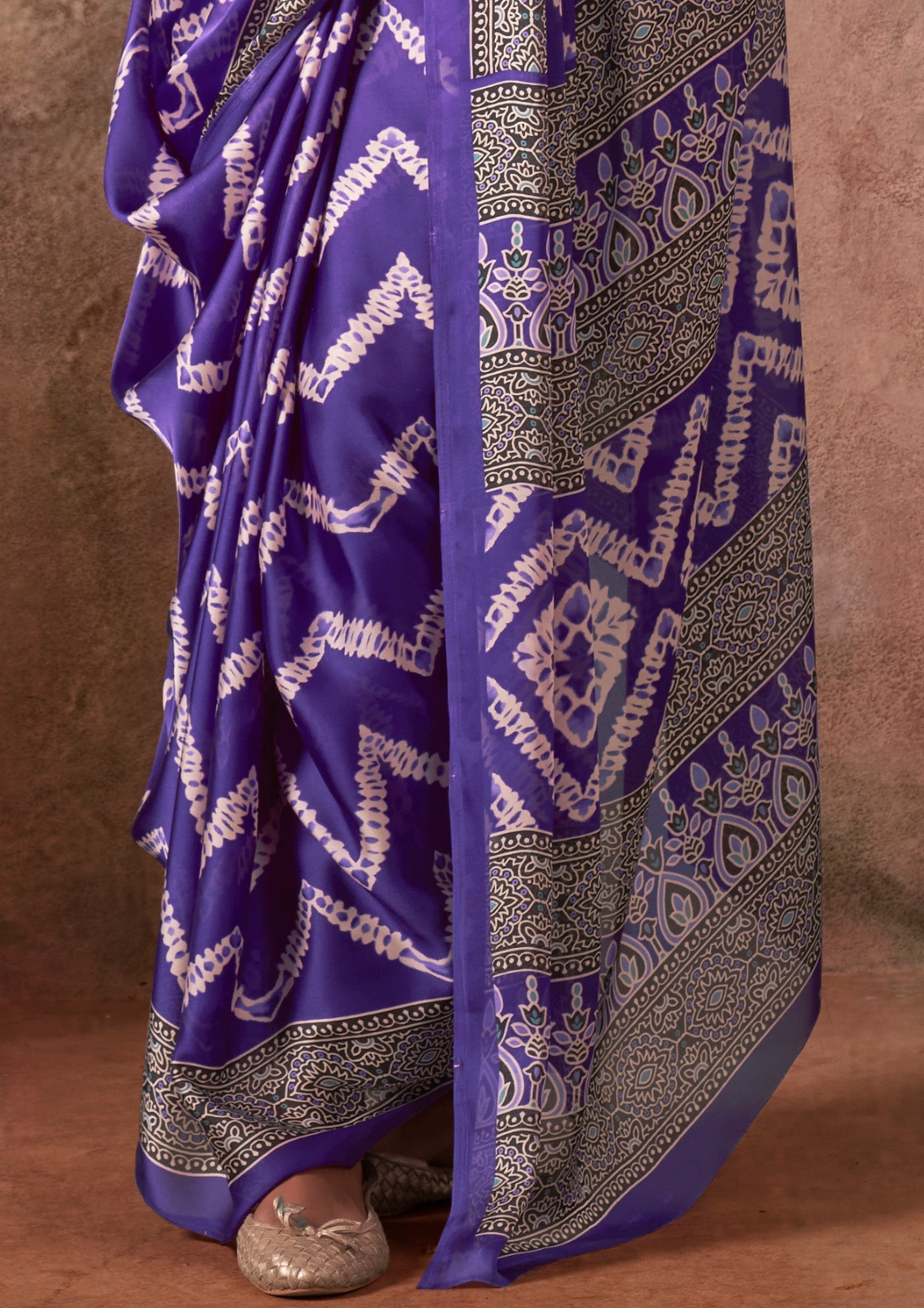 Buy MySilkLove Heliotrope Purple Ajrakh Printed Satin Georgette Silk Saree Online