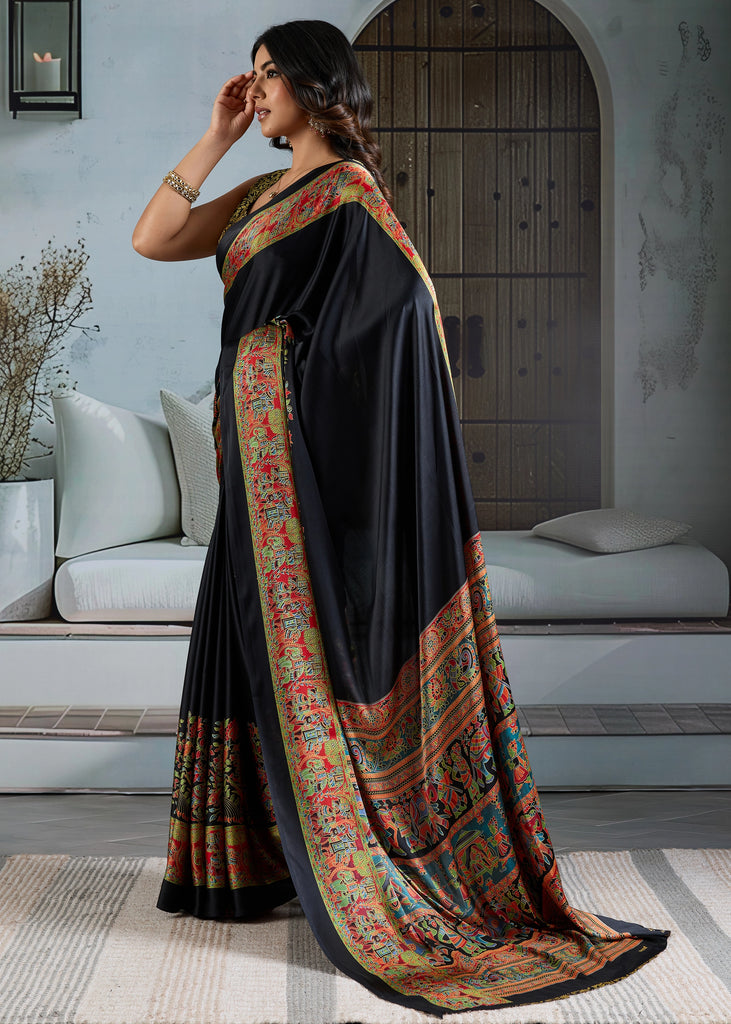 Buy MySilkLove Black Cat Printed Satin Crepe Silk Saree Online