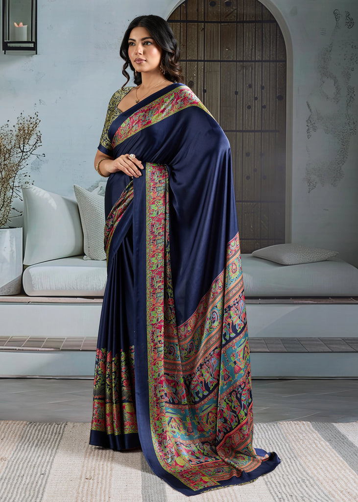 Buy MySilkLove Vivid Blue Printed Satin Crepe Silk Saree Online