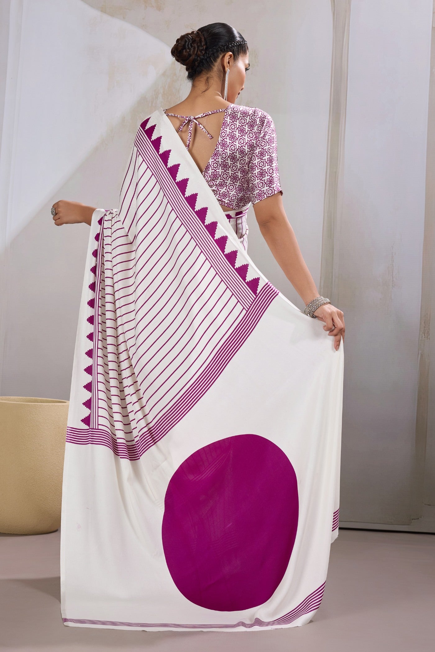 Buy MySilkLove Warm White and Purple Ajrakh Printed Satin Crepe Silk Saree Online