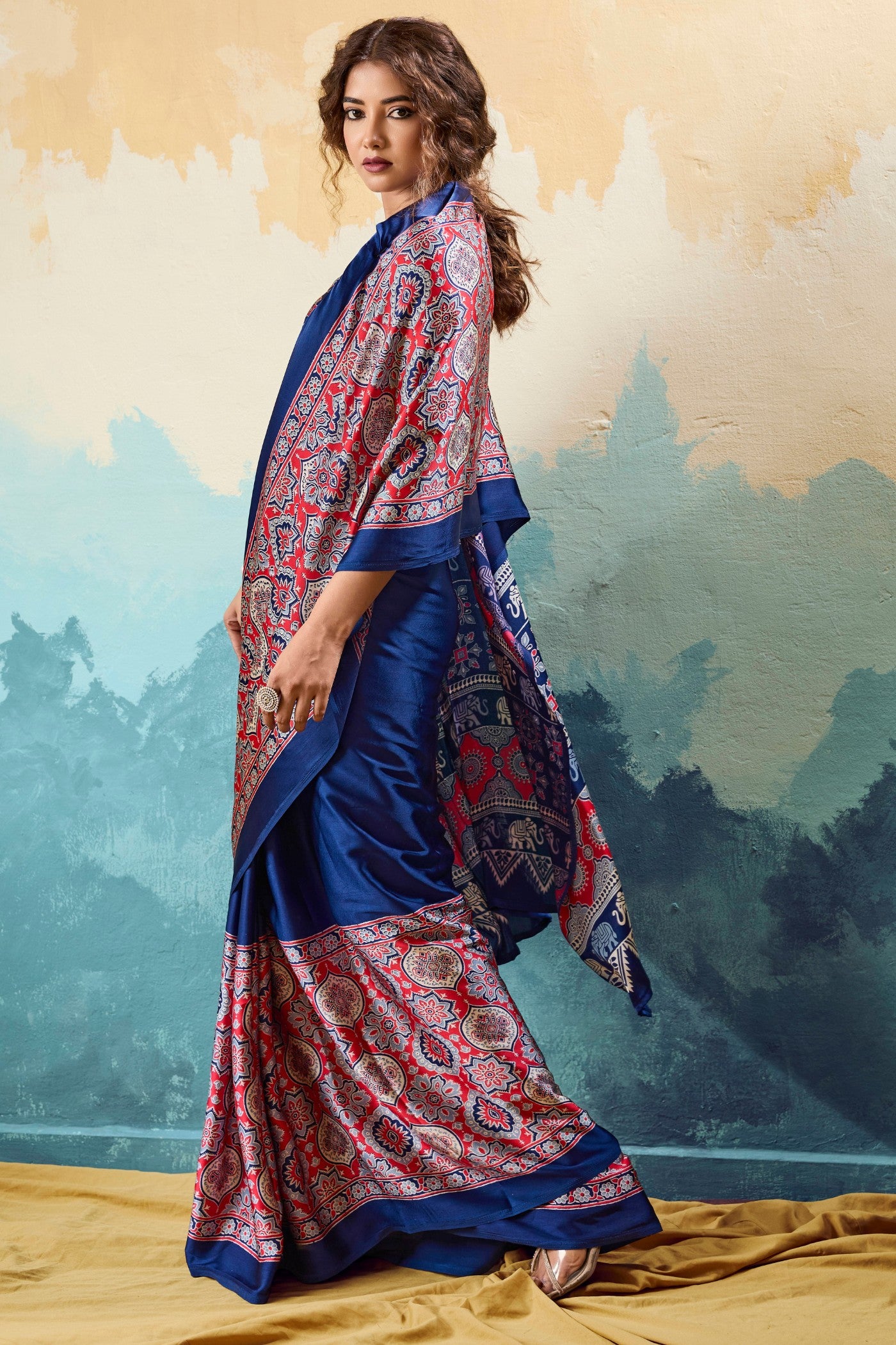 Buy MySilkLove Cloudy Blue Modal Ajrakh Satin Printed Silk Saree Online