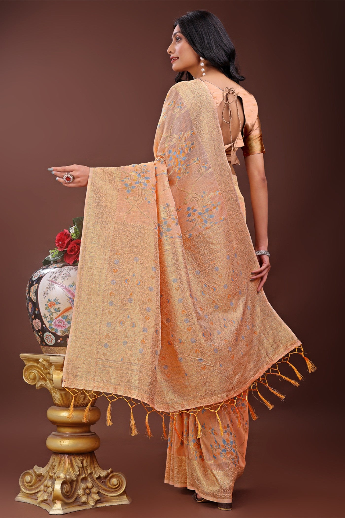 Buy MySilkLove Rustic Orange Linen Cotton Saree Online