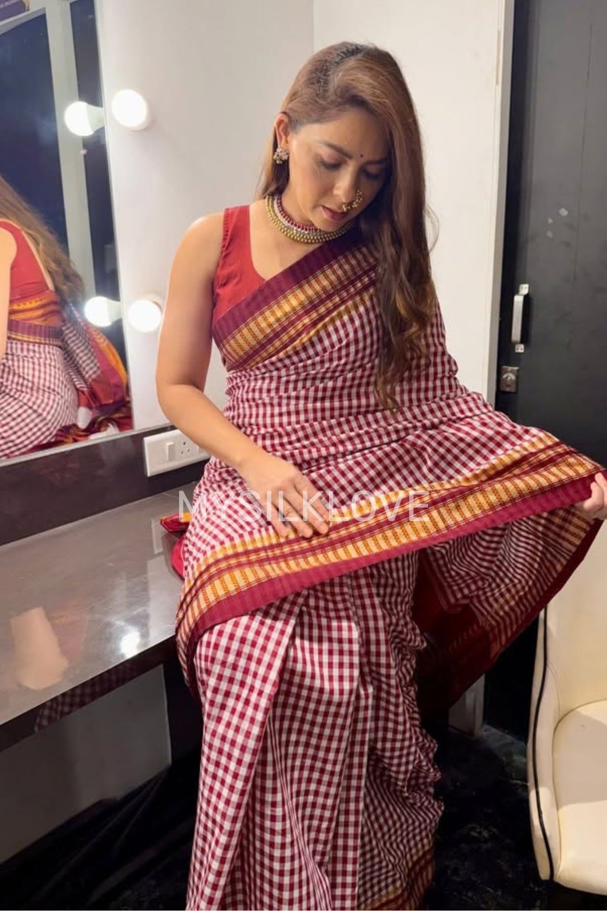 Buy MySilkLove Sonali Kulkarni Inspired: Brown Checks Pattern Pure Silk Irkal Saree Online
