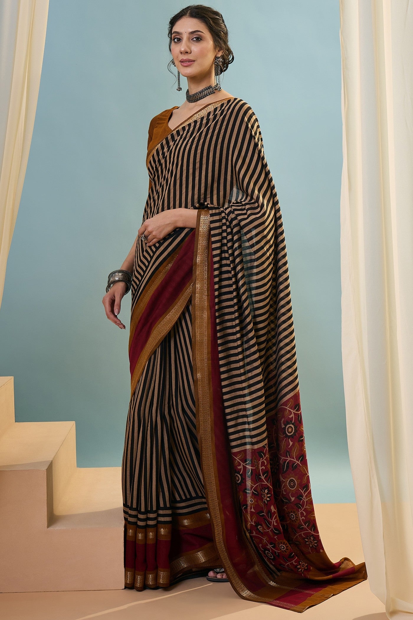 Buy MySilkLove Tawny Brown Woven Cotton Saree Online