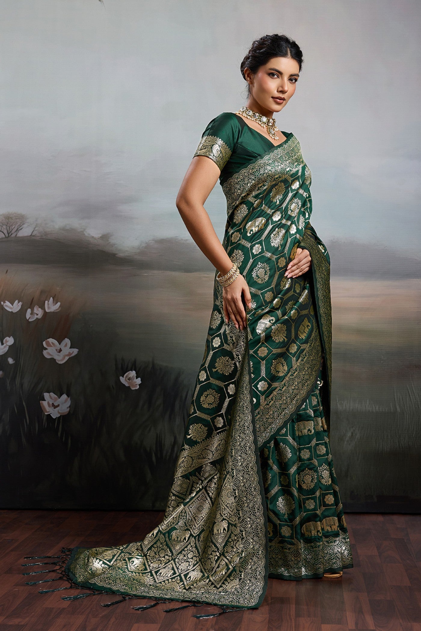 Buy MySilkLove Bottle Green Woven Banarasi Soft Silk Saree Online