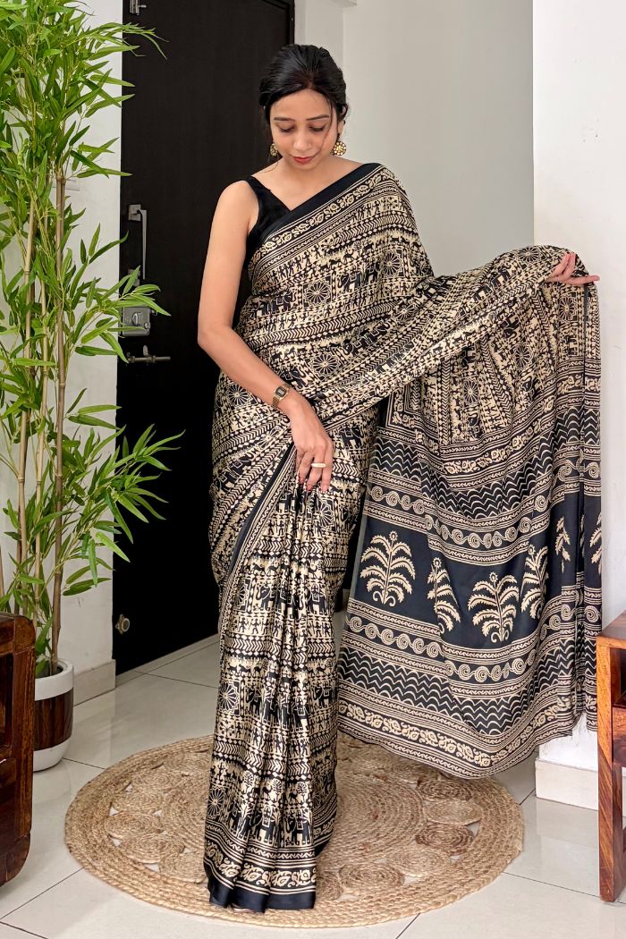 Buy MySilkLove Black Cat Modal Satin Kalamkari Printed Saree Online