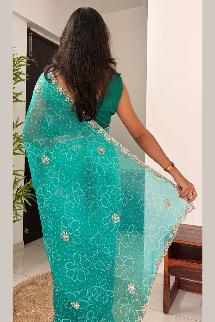 Buy MySilkLove Aqua Teal Georgette Chiffon Bead Work Saree Online