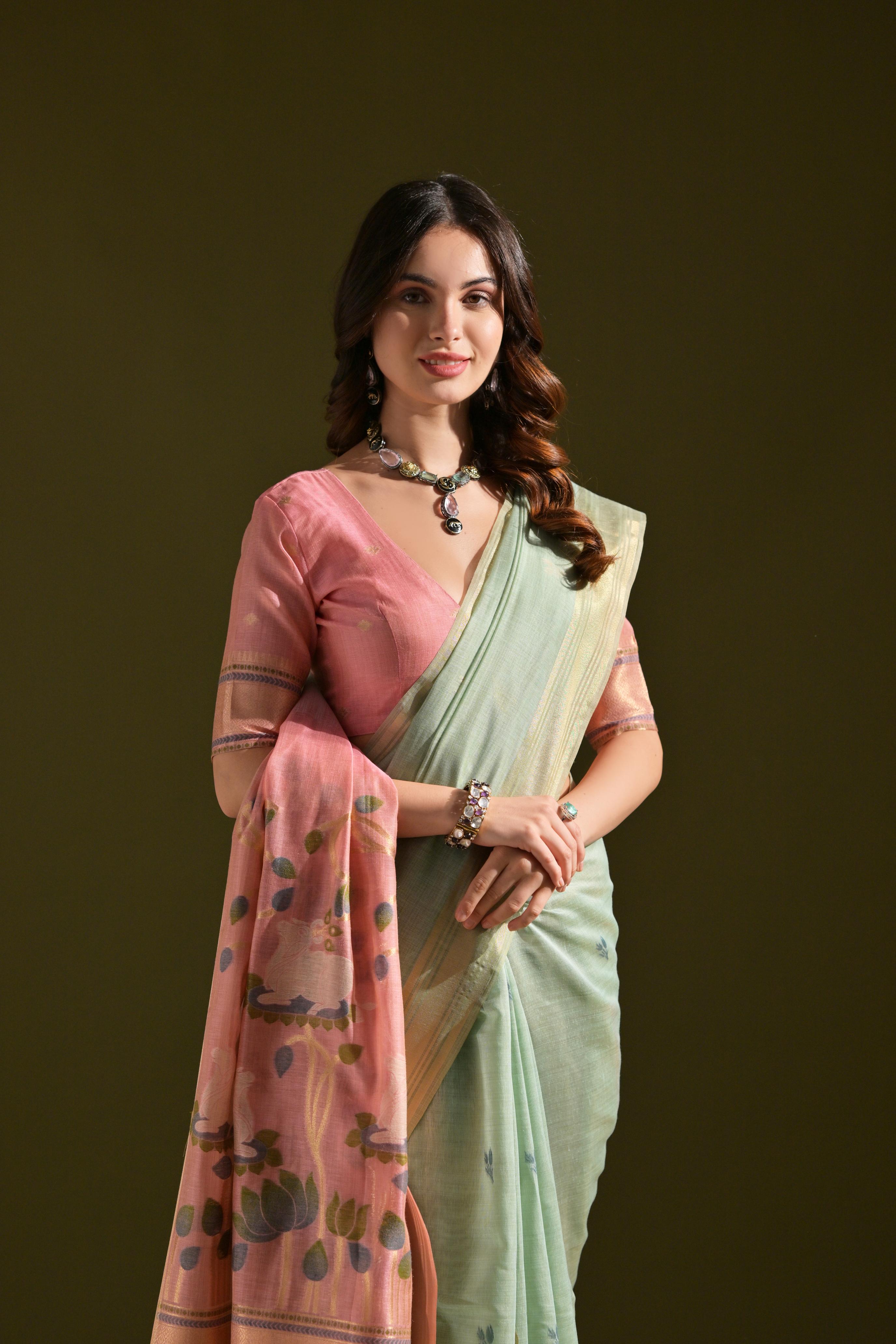 Buy MySilkLove Calla lily Green Woven Muga Cotton Saree Online