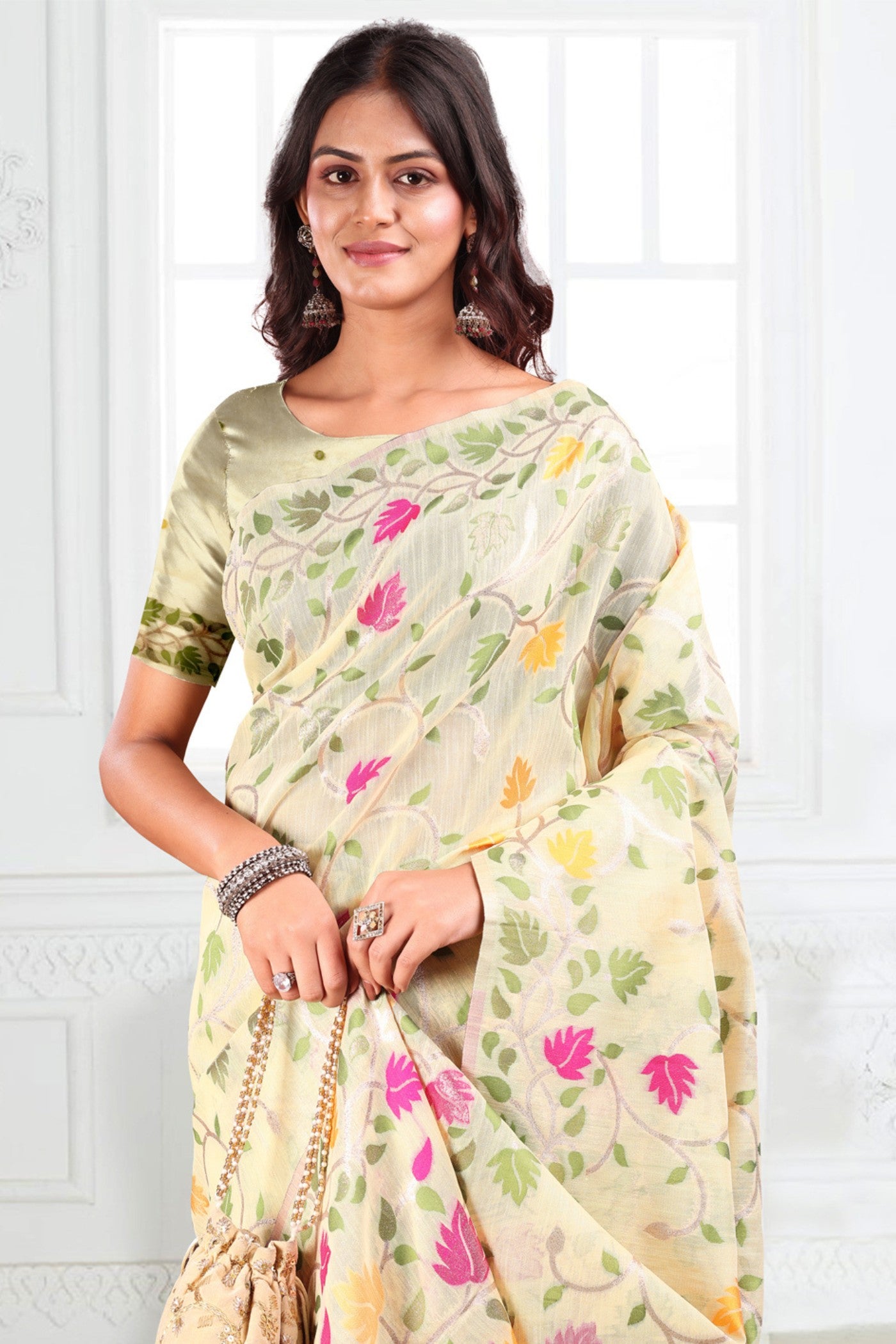 Buy MySilkLove Off White Woven Linen Cotton Saree Online