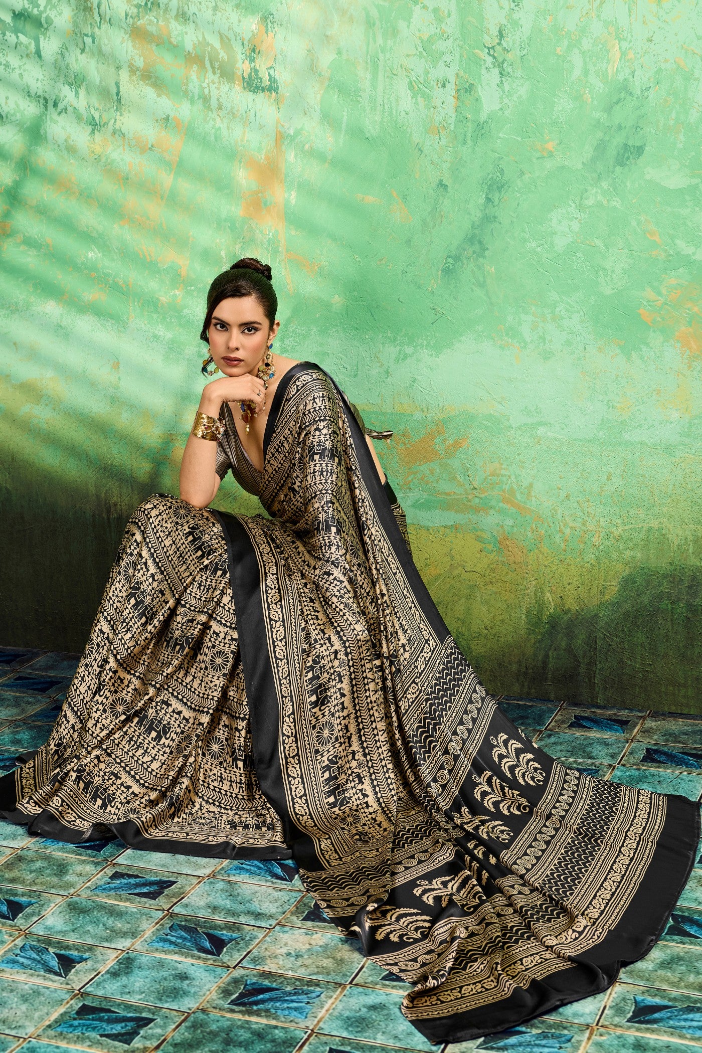 Buy MySilkLove Black Licorice Modal Satin Kalamkari Printed Saree Online