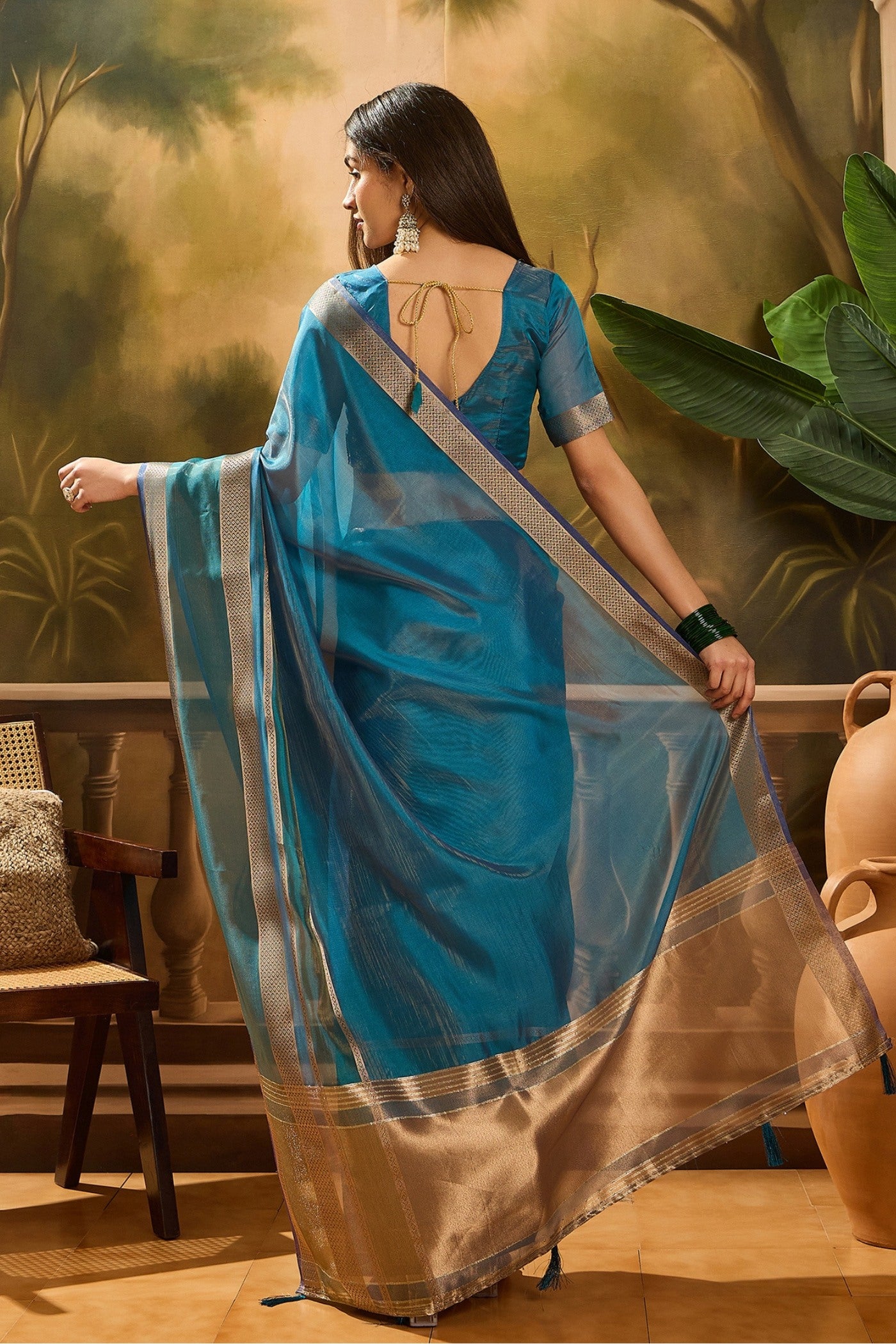 Buy MySilkLove Bondi Blue Woven Organza Saree Online