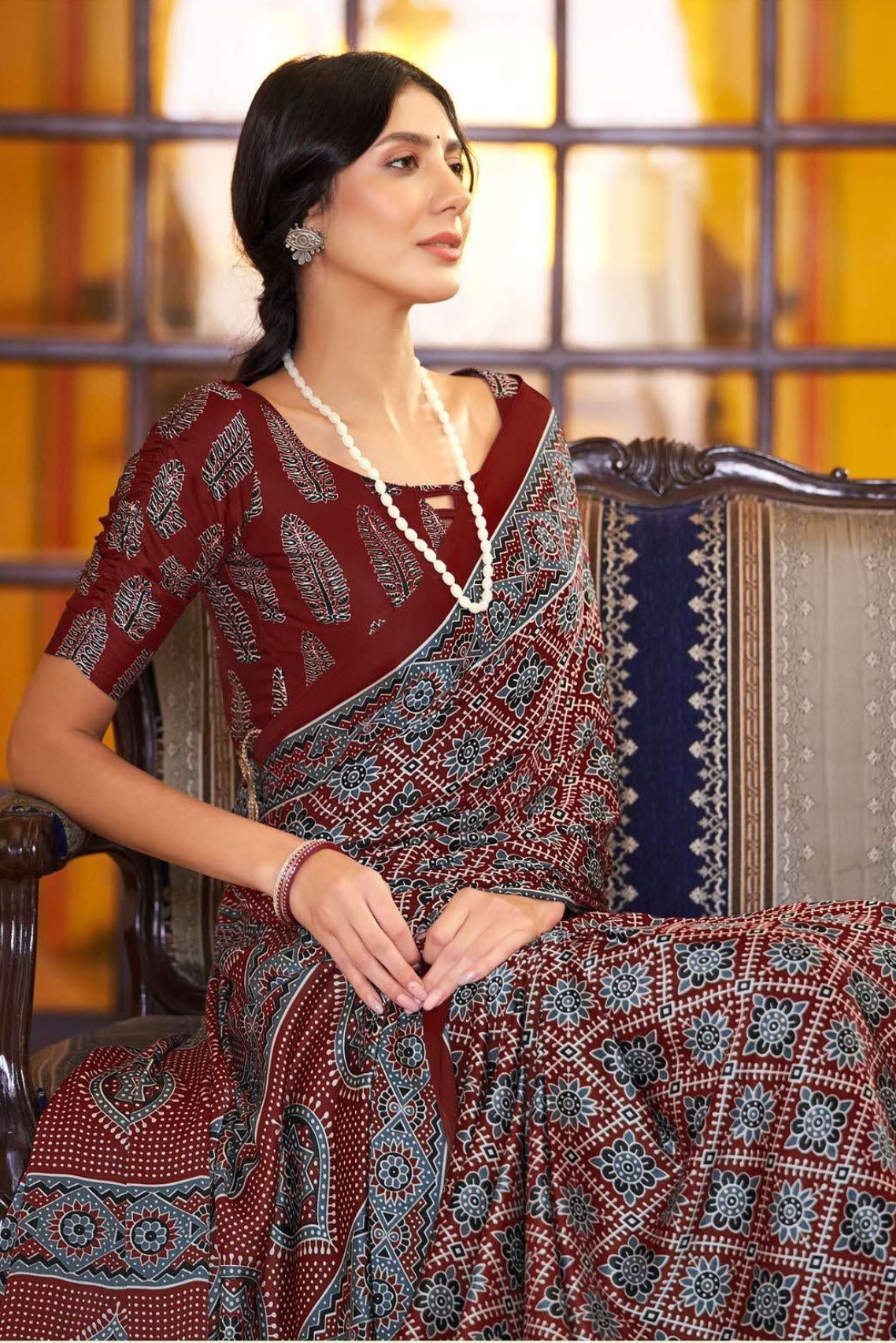 Buy MySilkLove Metallic Copper Brown Ajrakh Printed Satin Crepe Saree Online