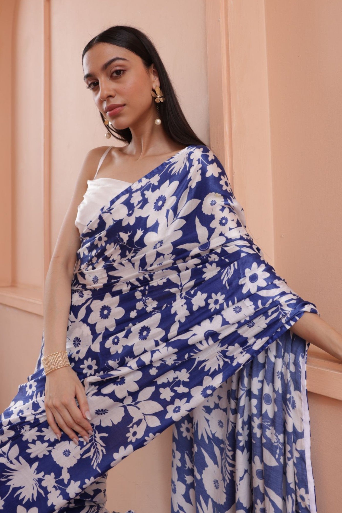 Buy MySilkLove Classic Blue and White Floral Printed Satin Silk Saree Online
