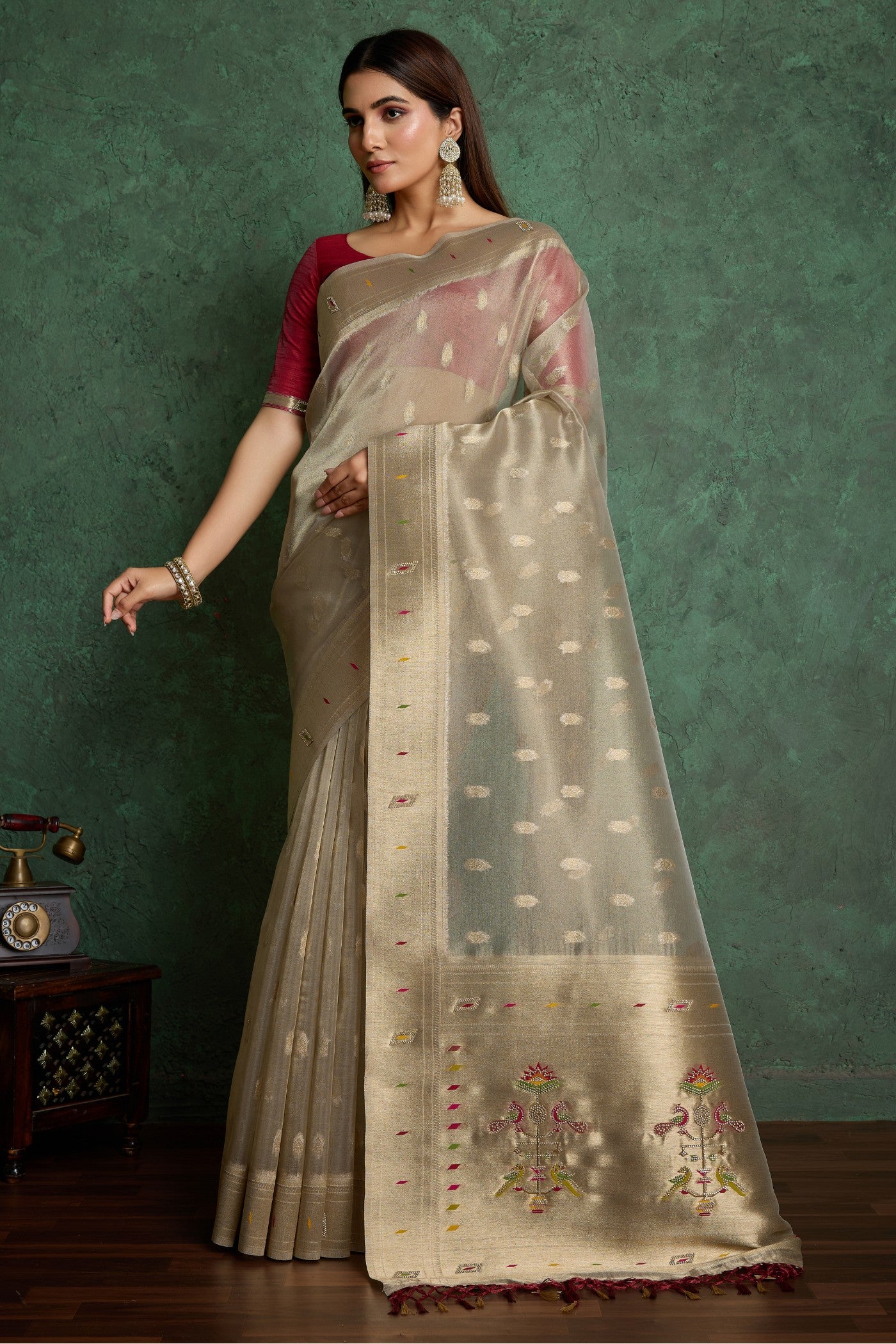 Buy MySilkLove Silver Chalice Grey Woven Tissue Paithani Saree Online