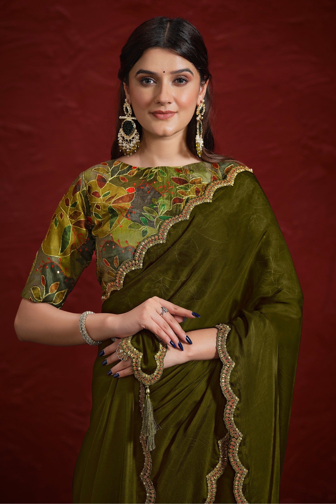 Buy MySilkLove Verdun Green Georgette Saree with Stitched Blouse Online