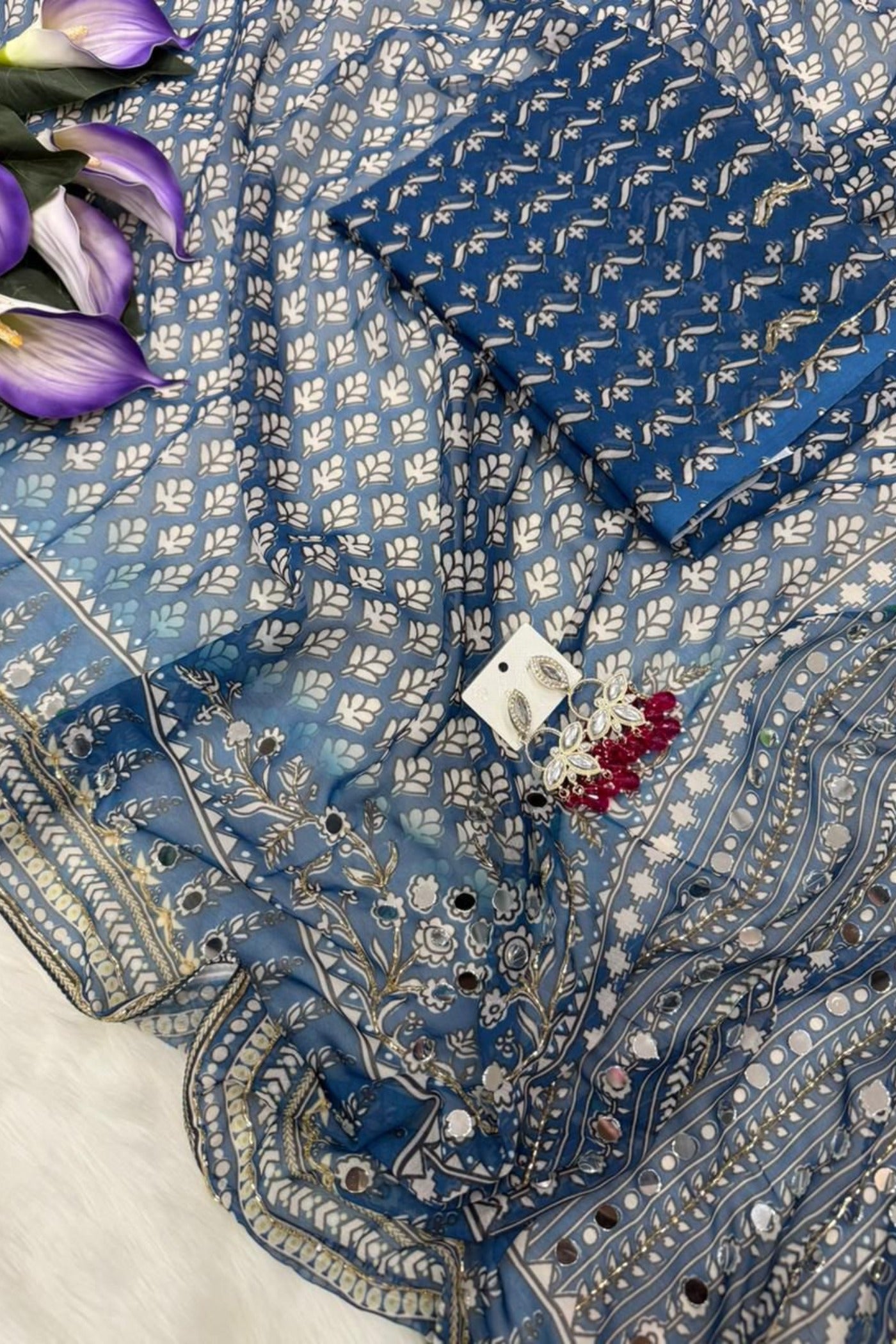 Buy MySilkLove Calypso Blue Ajrakh Georgette Printed Mirror Work Saree Online