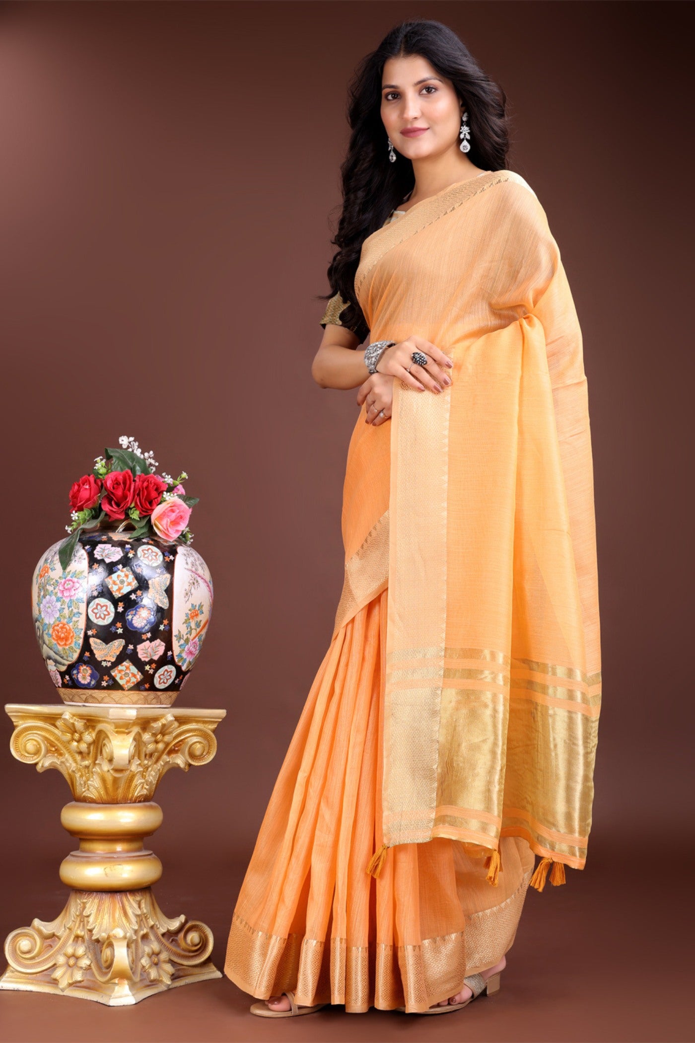 Buy MySilkLove Beer Orange Woven Cotton Saree Online