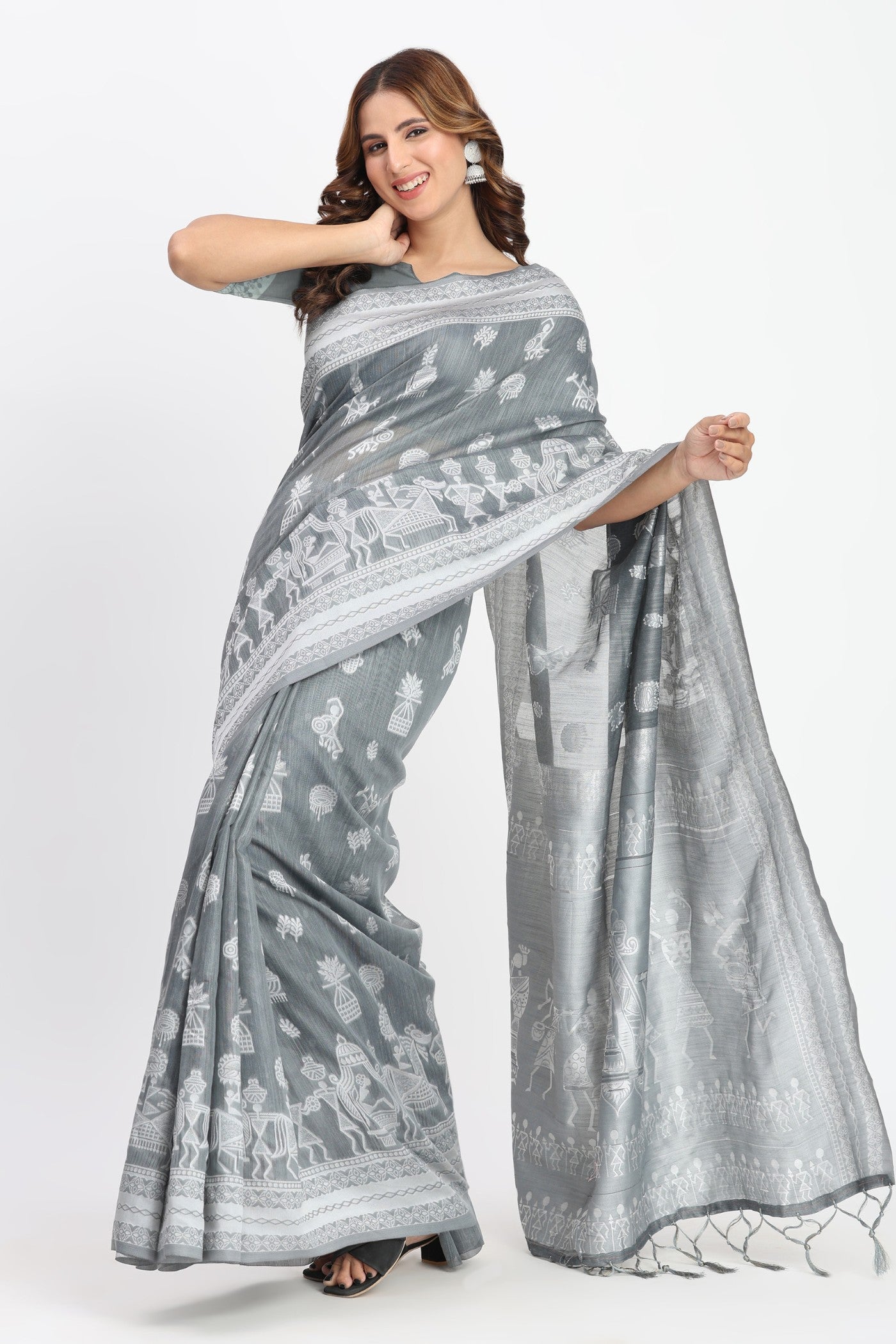 Buy MySilkLove Battleship Grey Woven Linen Cotton Saree Online