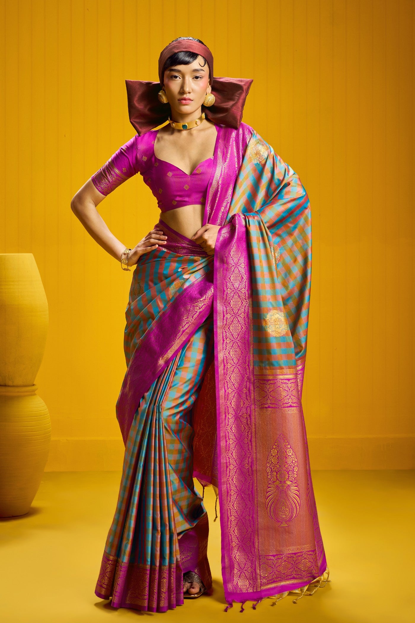 Buy MySilkLove Dusty Blue Banarasi Two Tone Checks Handloom Saree Online