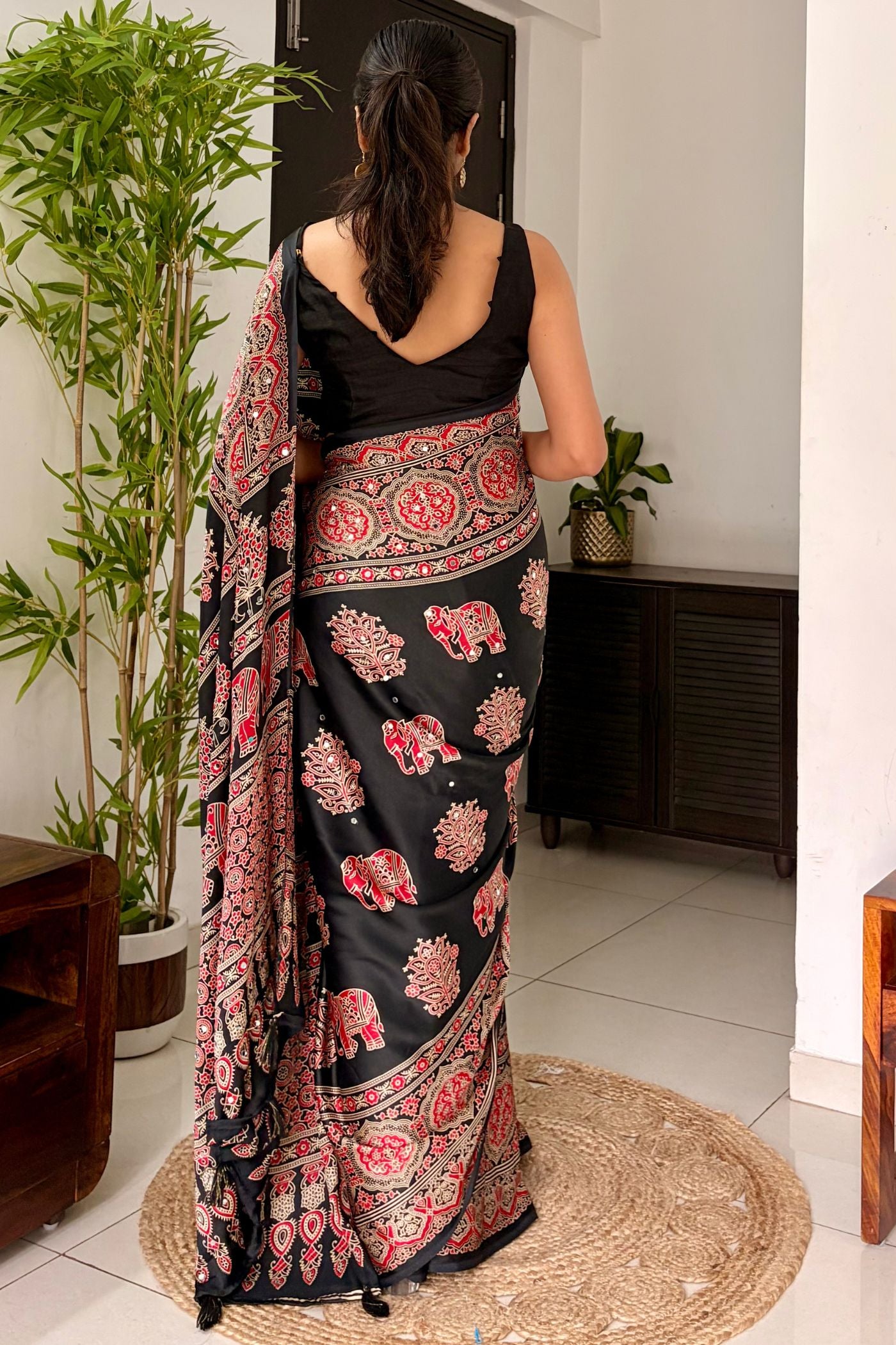 Buy MySilkLove Raven Black Ajrakh Satin Printed Mirror Work Saree Online