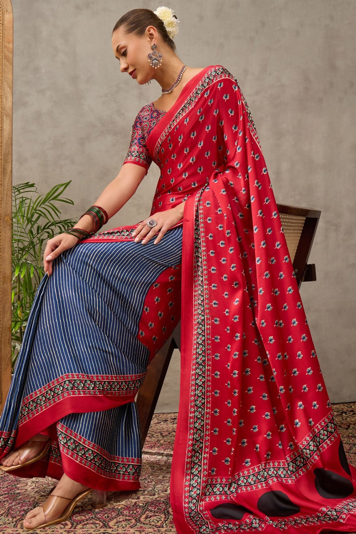 MySilkLove Vermilion Red and Blue Modal Satin Printed Silk Saree