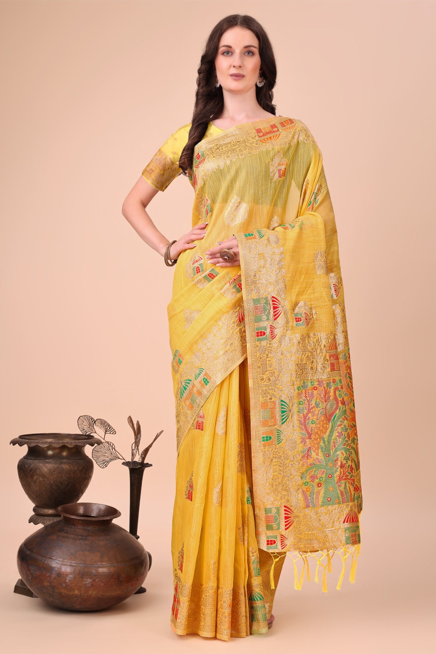 Buy MySilkLove Cyber Yellow Linen Cotton Saree Online