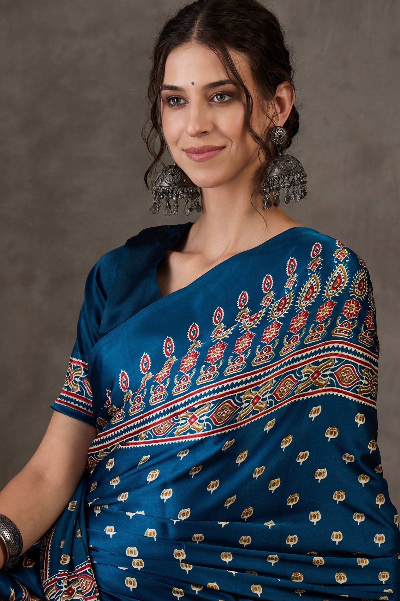Buy MySilkLove James Blue Printed Satin Gaji Silk Saree Online