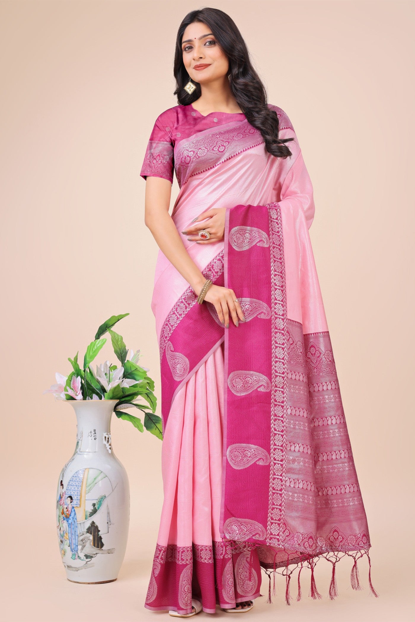 Buy MySilkLove Barbie Pink Woven Banarasi Saree Online