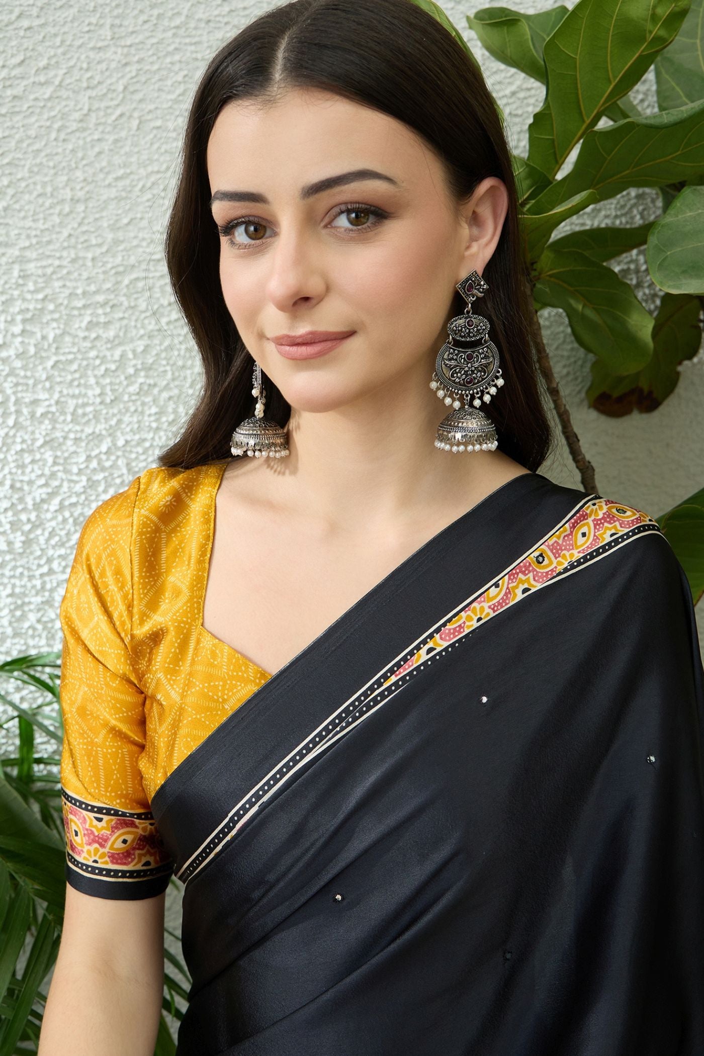 Buy MySilkLove Black Pearl and Yellow Modal Ajrakh Satin Printed Silk Saree Online