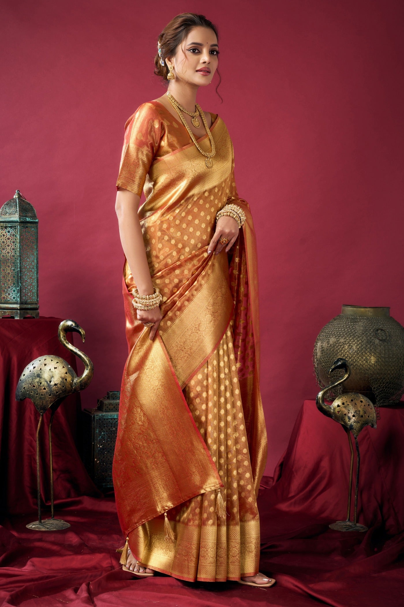Buy MySilkLove Smashed Orange Handloom Tissue Silk Saree Online