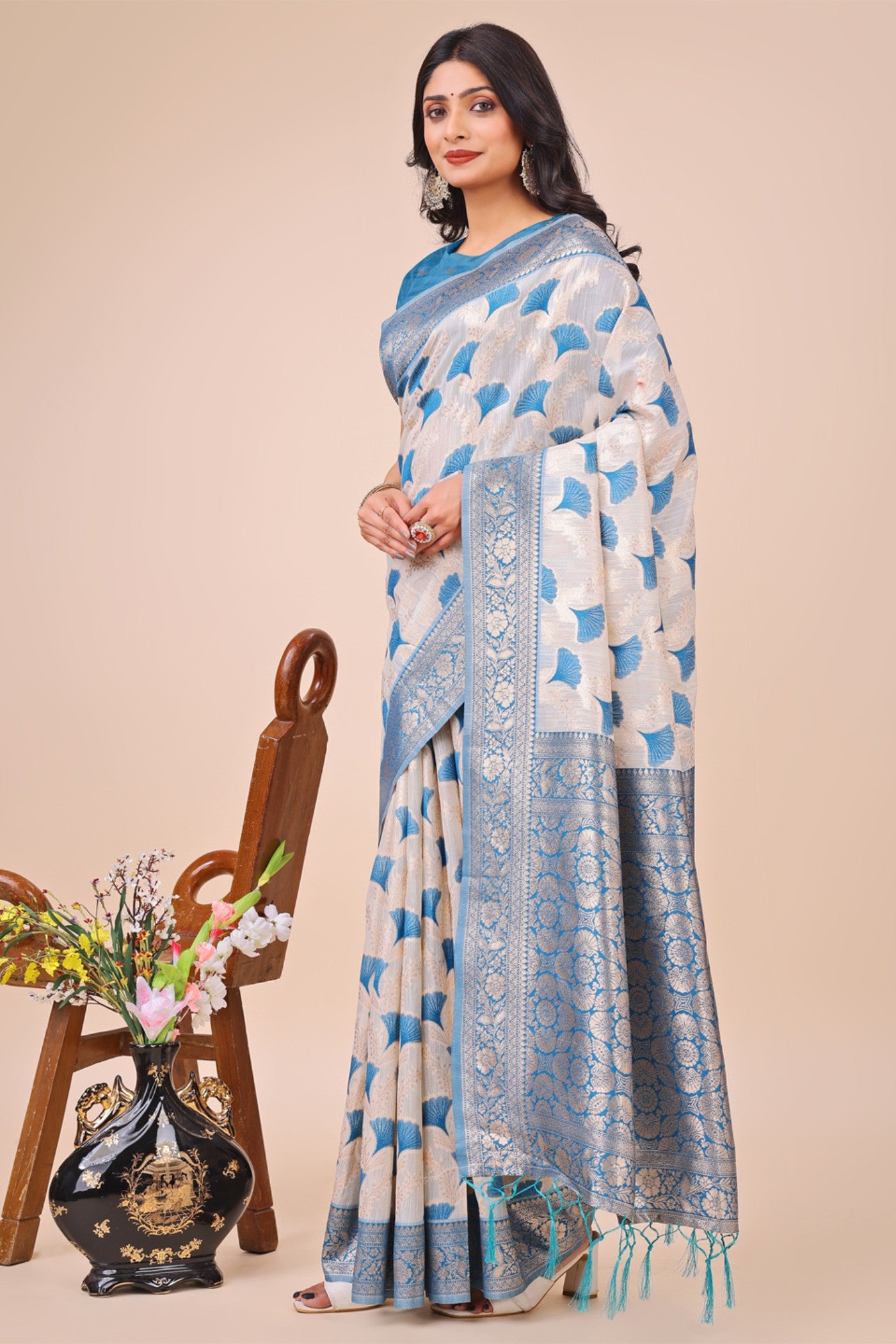 Buy MySilkLove Ice White and Blue Linen Cotton Saree Online