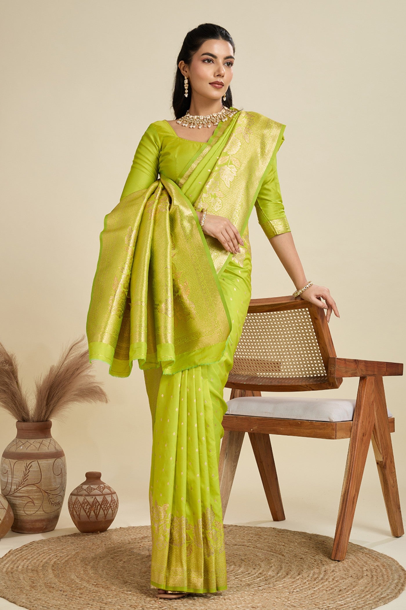 Buy MySilkLove Lawn Green Zari Woven Soft Kanjivaram Saree Online