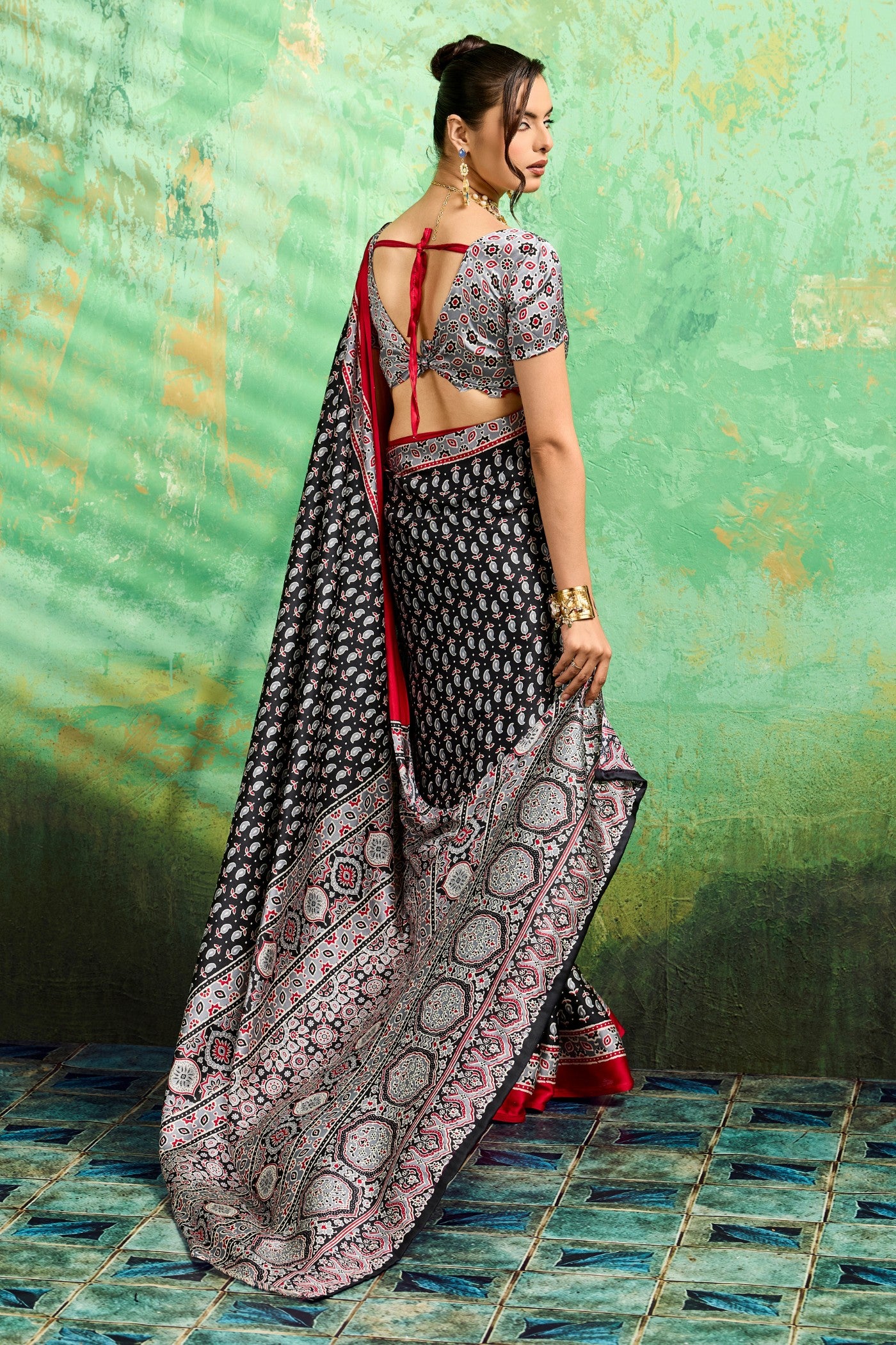 Buy MySilkLove Attractive Black Modal Ajrakh Satin Printed Silk Saree Online