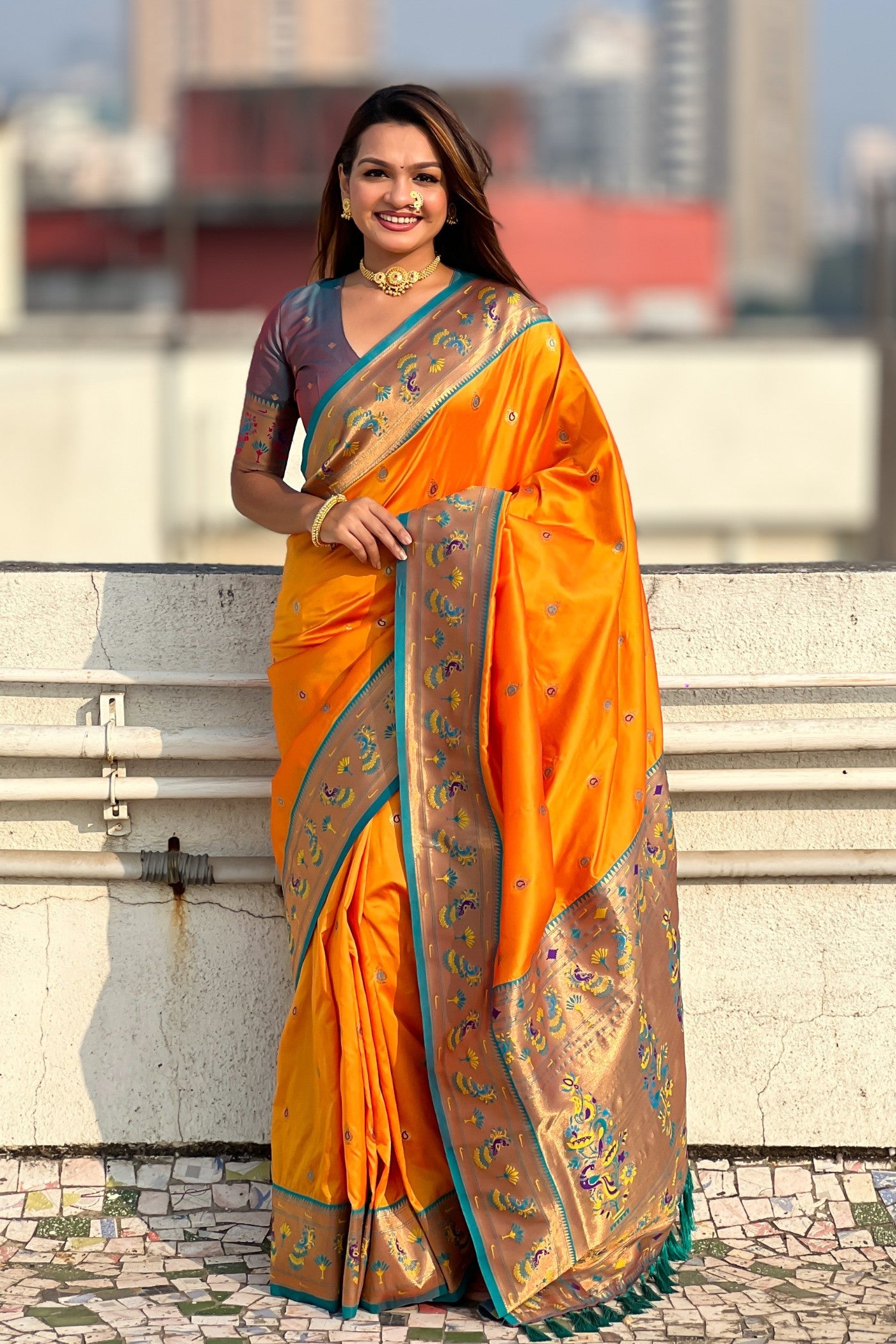 Buy MySilkLove Yam Orange Woven Lotus Paithani Saree Online